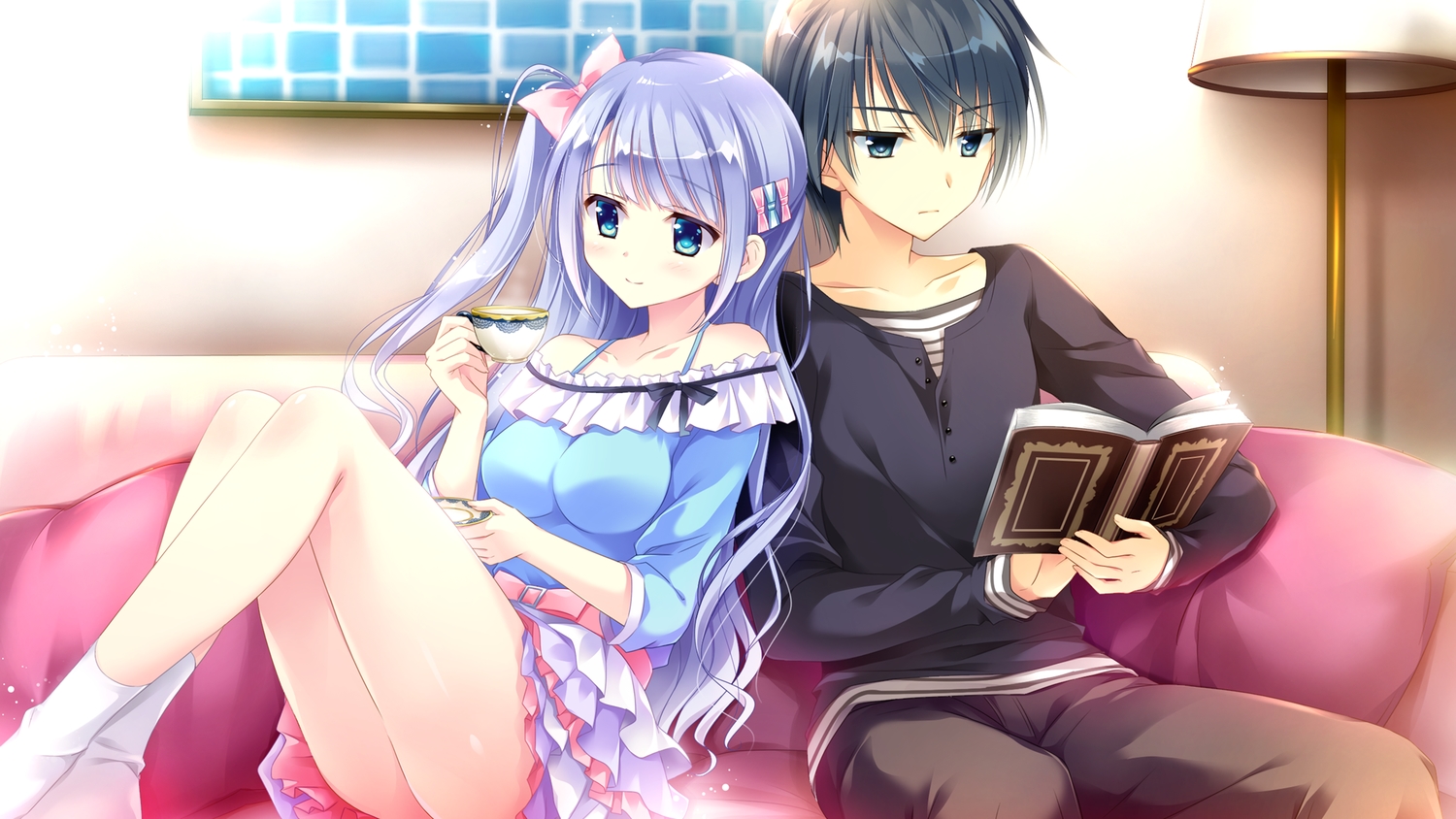 black_hair, blue_eyes, blue_hair, blush, book, bow, breasts, couch, drink, ensemble_(company), game_cg, kimishima_ao, koi_suru_kimochi_no_kasanekata, koi_suru_kimochi_no_kasanekata_~kasaneta_omoi_zutto~, long_hair, male, ougi_ichika, ougi_ren, short_hair, skirt