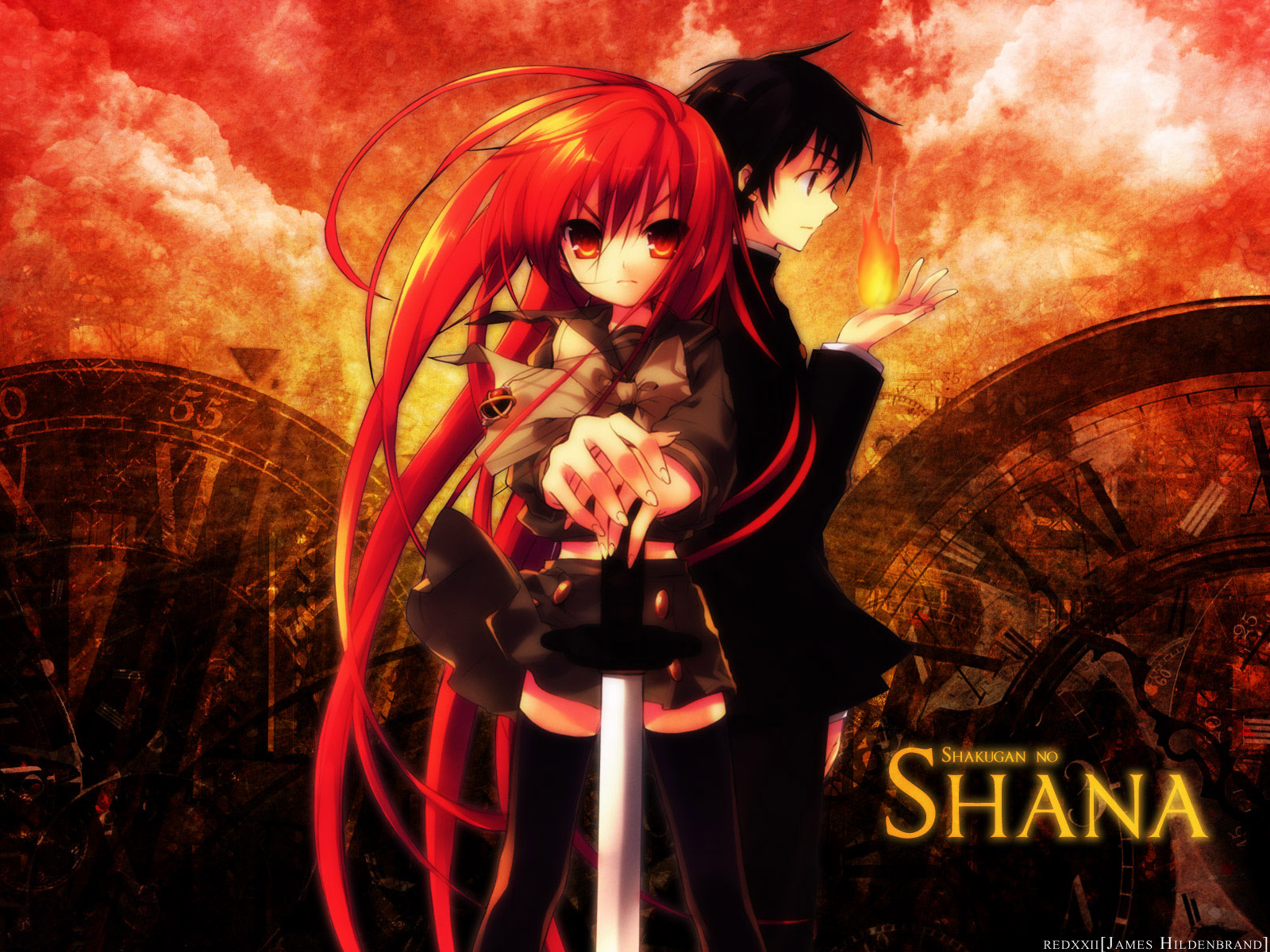 bow, brown_hair, clouds, fire, loli, long_hair, necklace, red_eyes