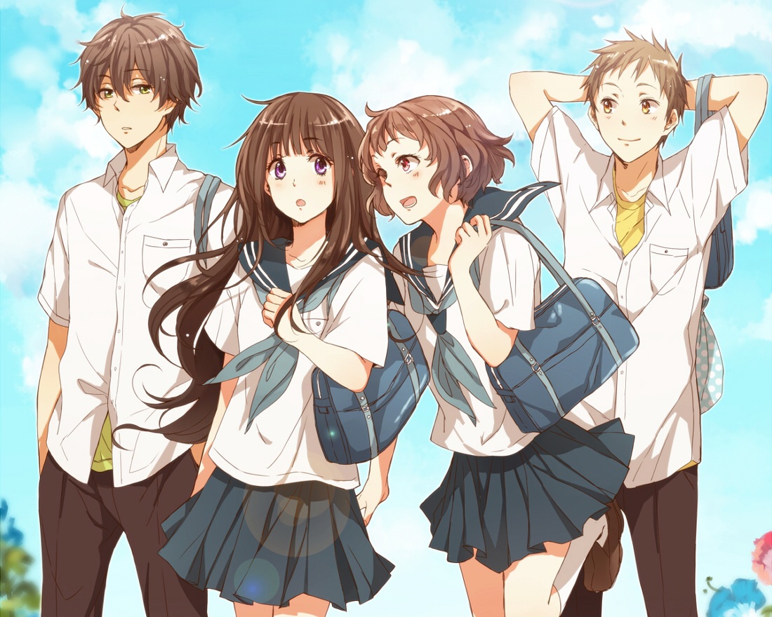 blush, brown_eyes, brown_hair, chitanda_eru, cropped, fukube_satoshi, green_eyes, group, hyouka, ibara_mayaka, kneehighs, long_hair, male, oreki_houtarou, purple_eyes, red_eyes, school_uniform, short_hair, skirt, sleepy69