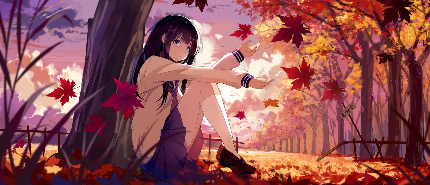 autumn, black_hair, chitanda_eru, clouds, haraguroi_you, hyouka, kneehighs, leaves