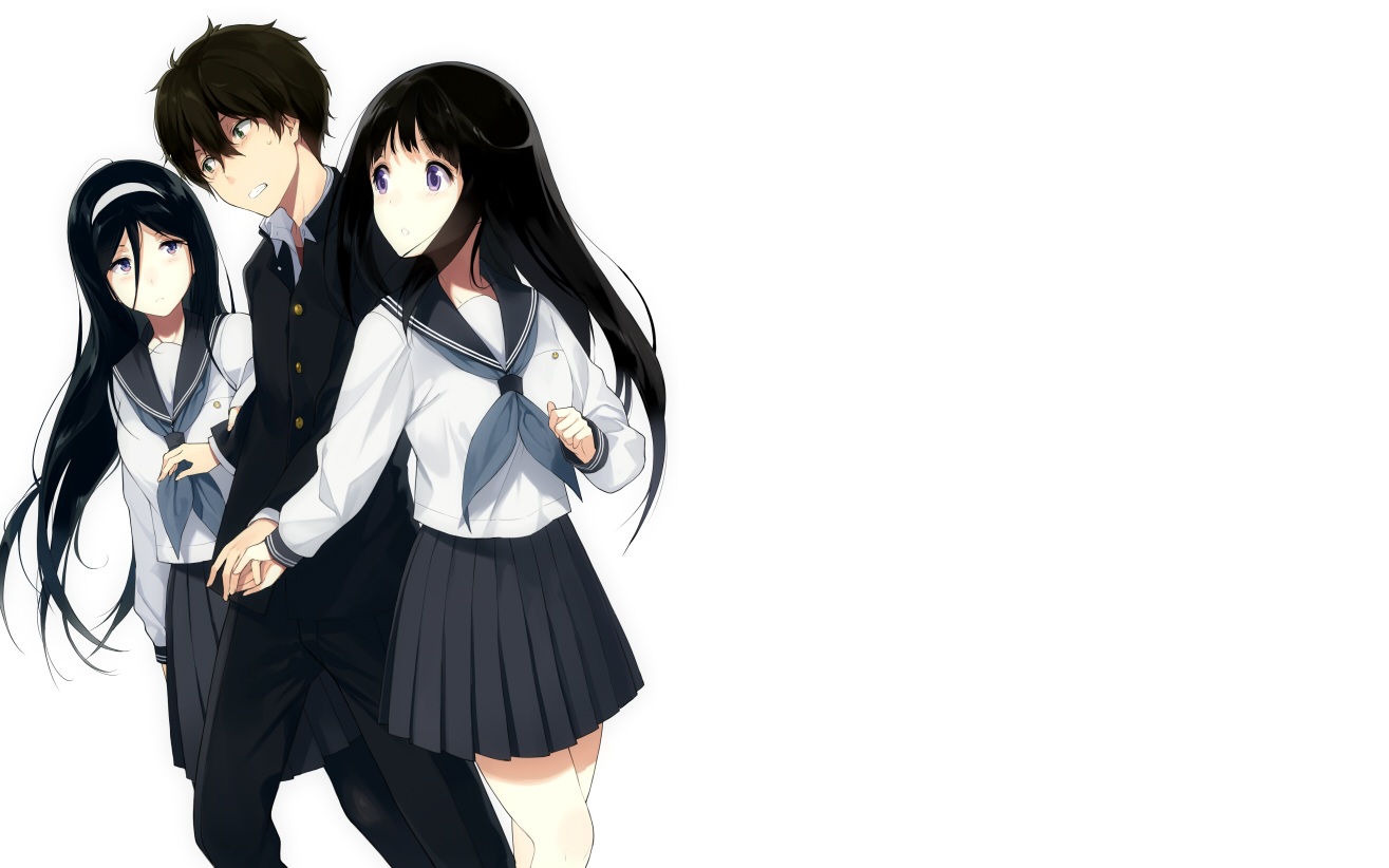 black_hair, chitanda_eru, green_eyes, headband, hyouka, irisu_fuyumi, long_hair, male