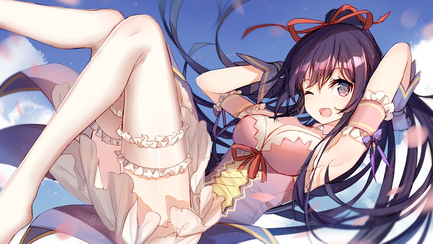 bison_cangshu, breasts, date_a_live, gloves, long_hair, petals, ribbons, wink