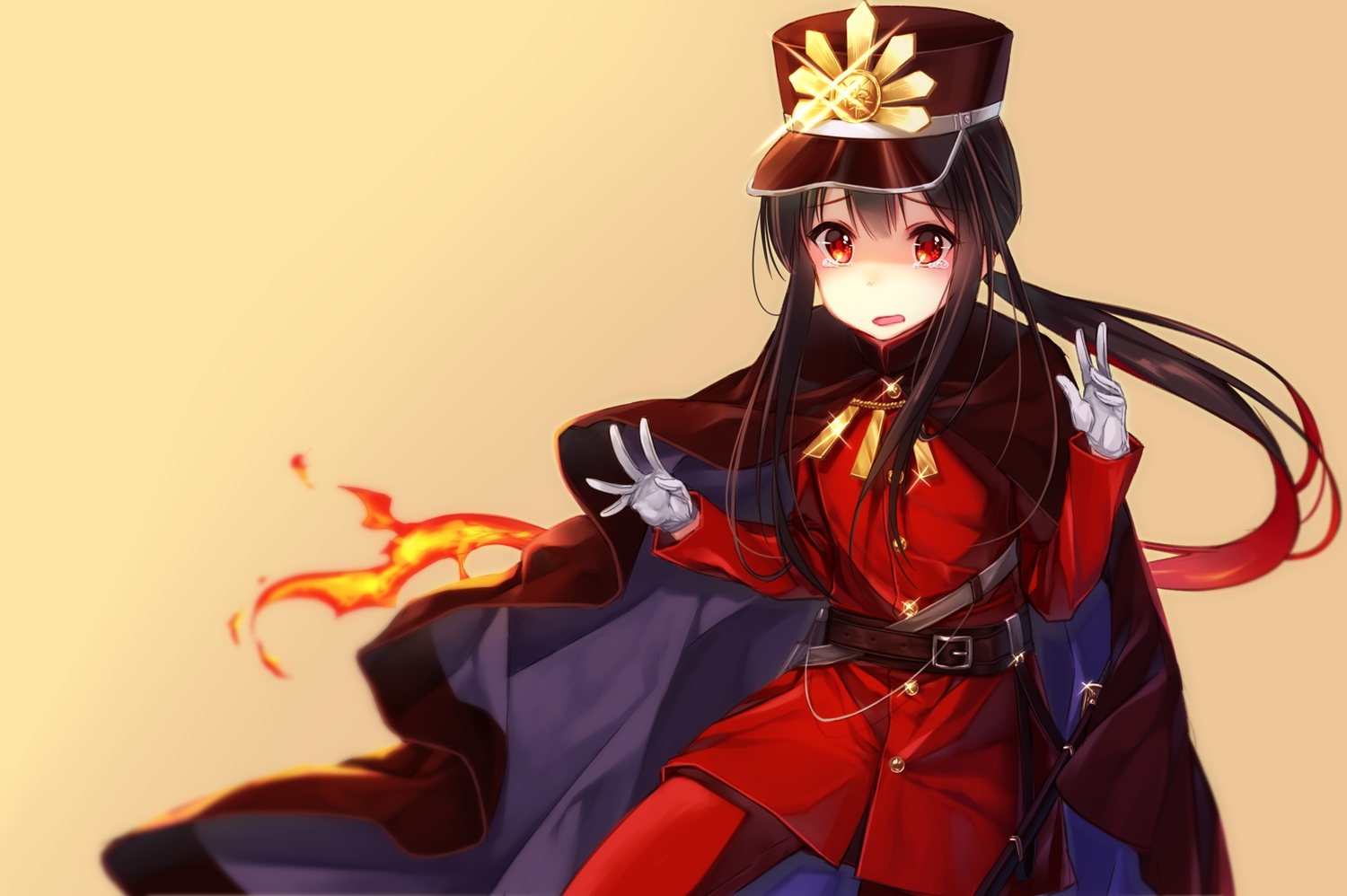 all_male, brown_hair, cape, fate/grand_order, fate_(series), fire, gloves, hat