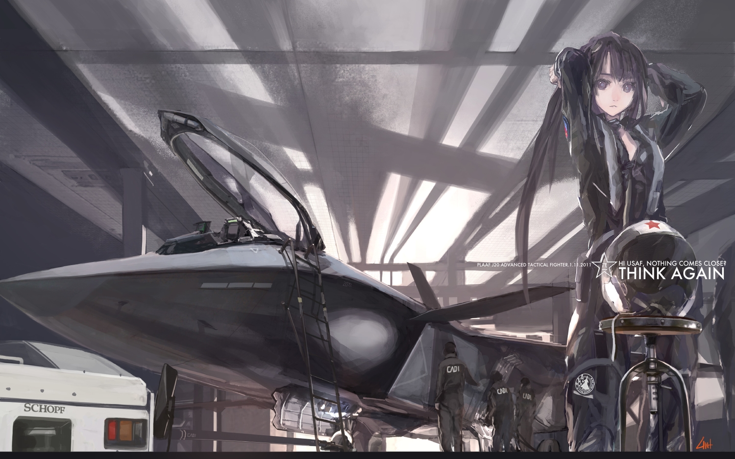 aircraft, black_eyes, black_hair, bodysuit, lin+, long_hair, original, polychromatic