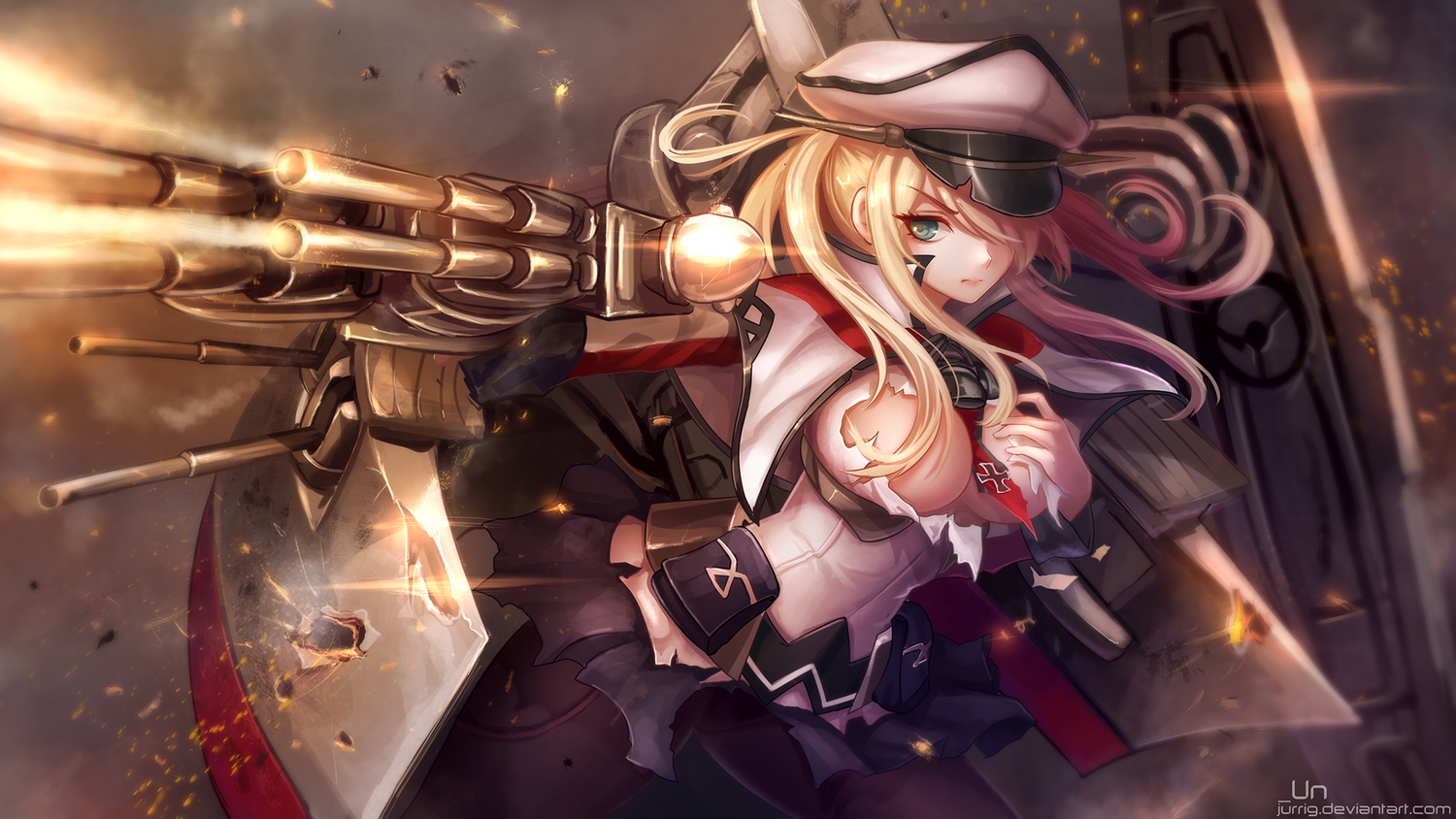 anthropomorphism, aqua_eyes, blonde_hair, breasts, cape, graf_zeppelin_(kancolle), hat, jurrig, kantai_collection, long_hair, no_bra, pantyhose, torn_clothes, twintails, uniform, weapon