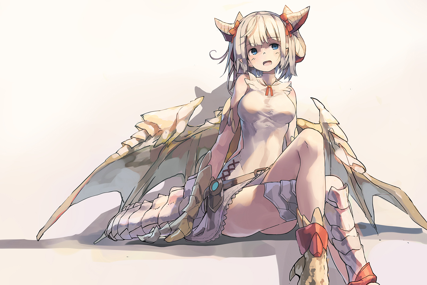 blue_eyes, boots, bow, breasts, dress, gray_hair, horns, huanxiang_huifeng