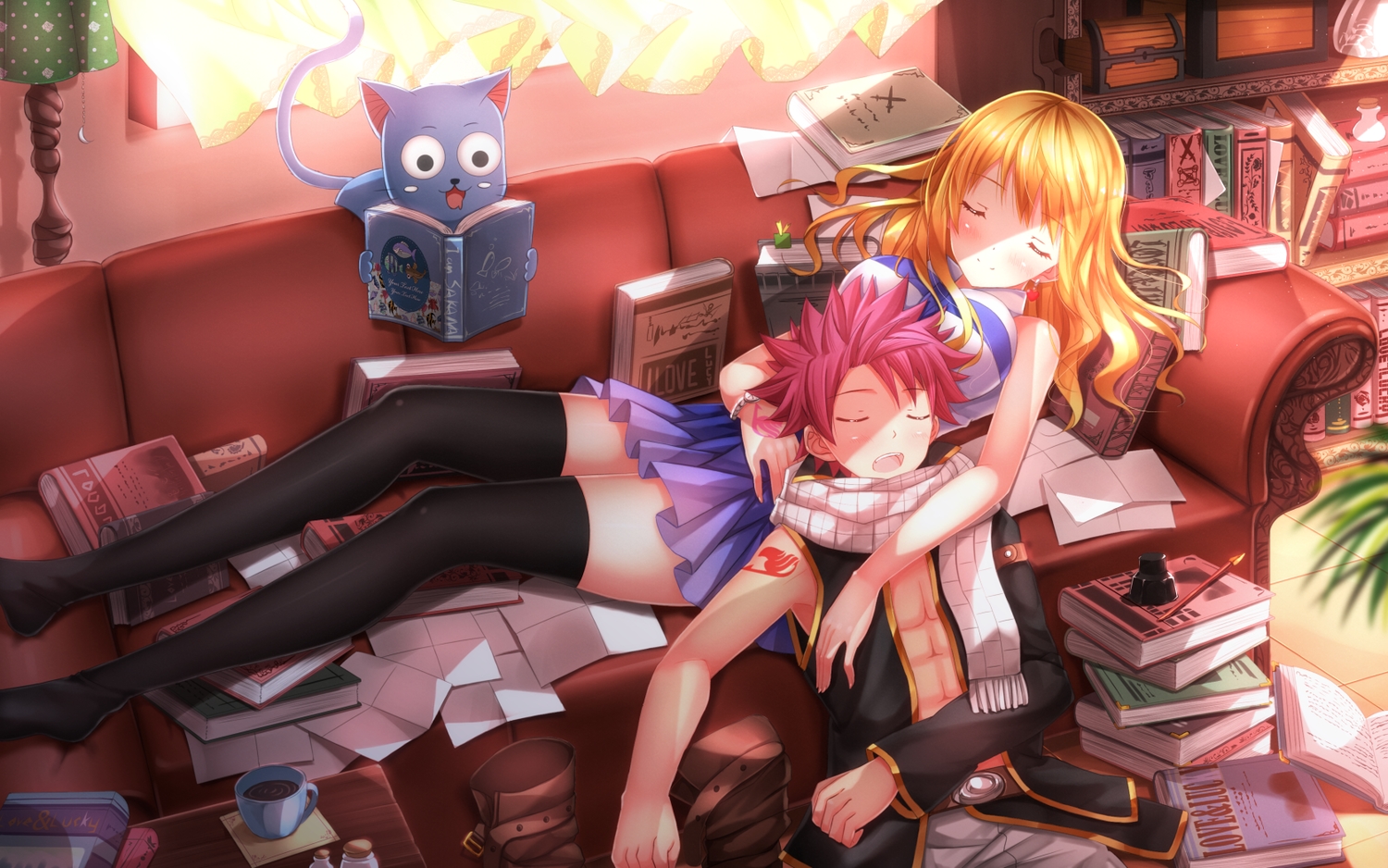 animal, blonde_hair, book, cat, drink, fairy_tail, happy_(fairy_tail), long_hair, lucy_heartfilia, male, natsu_dragneel, open_shirt, paper, pink_hair, scarf, short_hair, skirt, sleeping, swordsouls, tattoo, thighhighs, wristwear, zettai_ryouiki