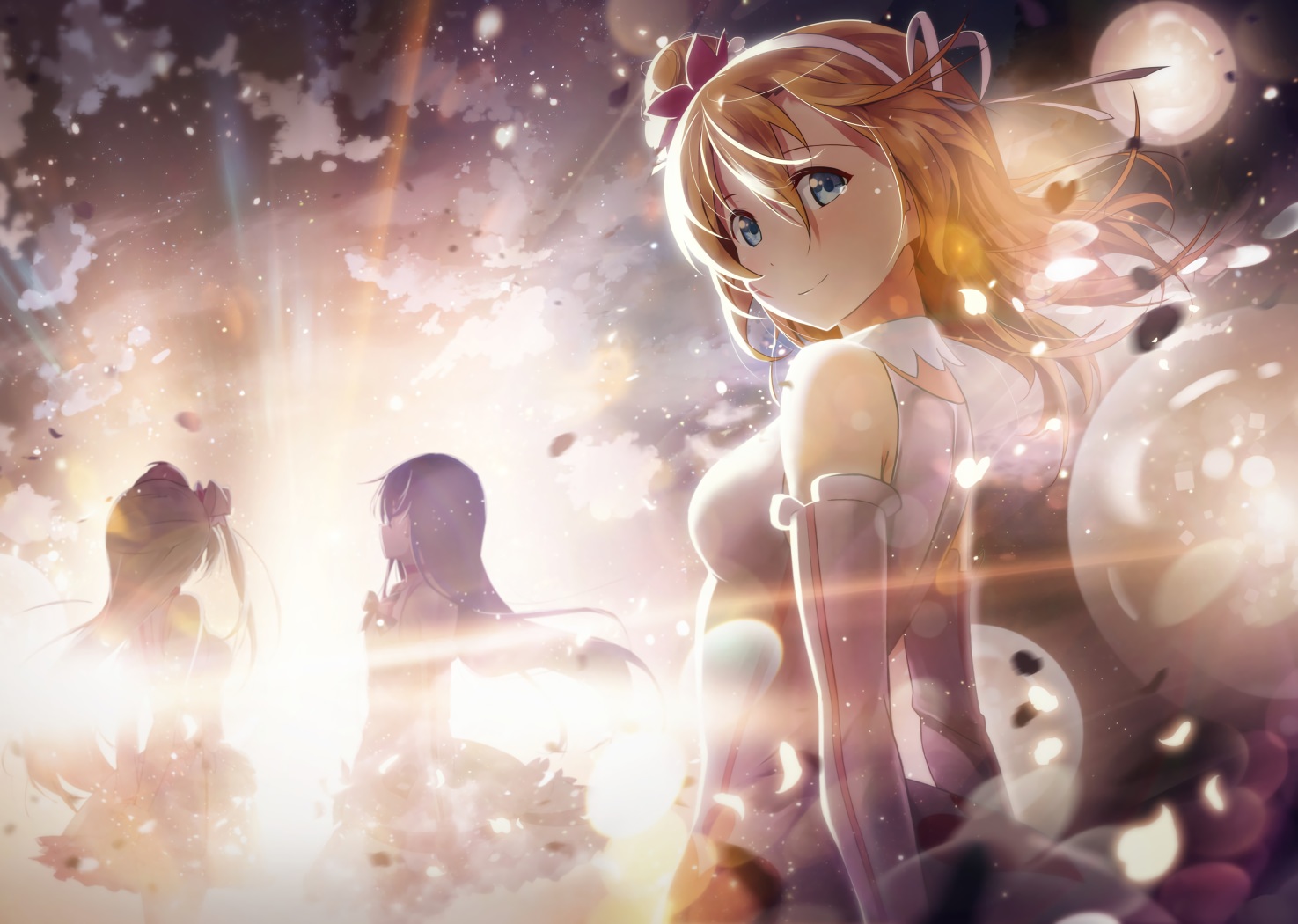 aqua_eyes, blue_hair, bow, breasts, brown_hair, clouds, dress, elbow_gloves