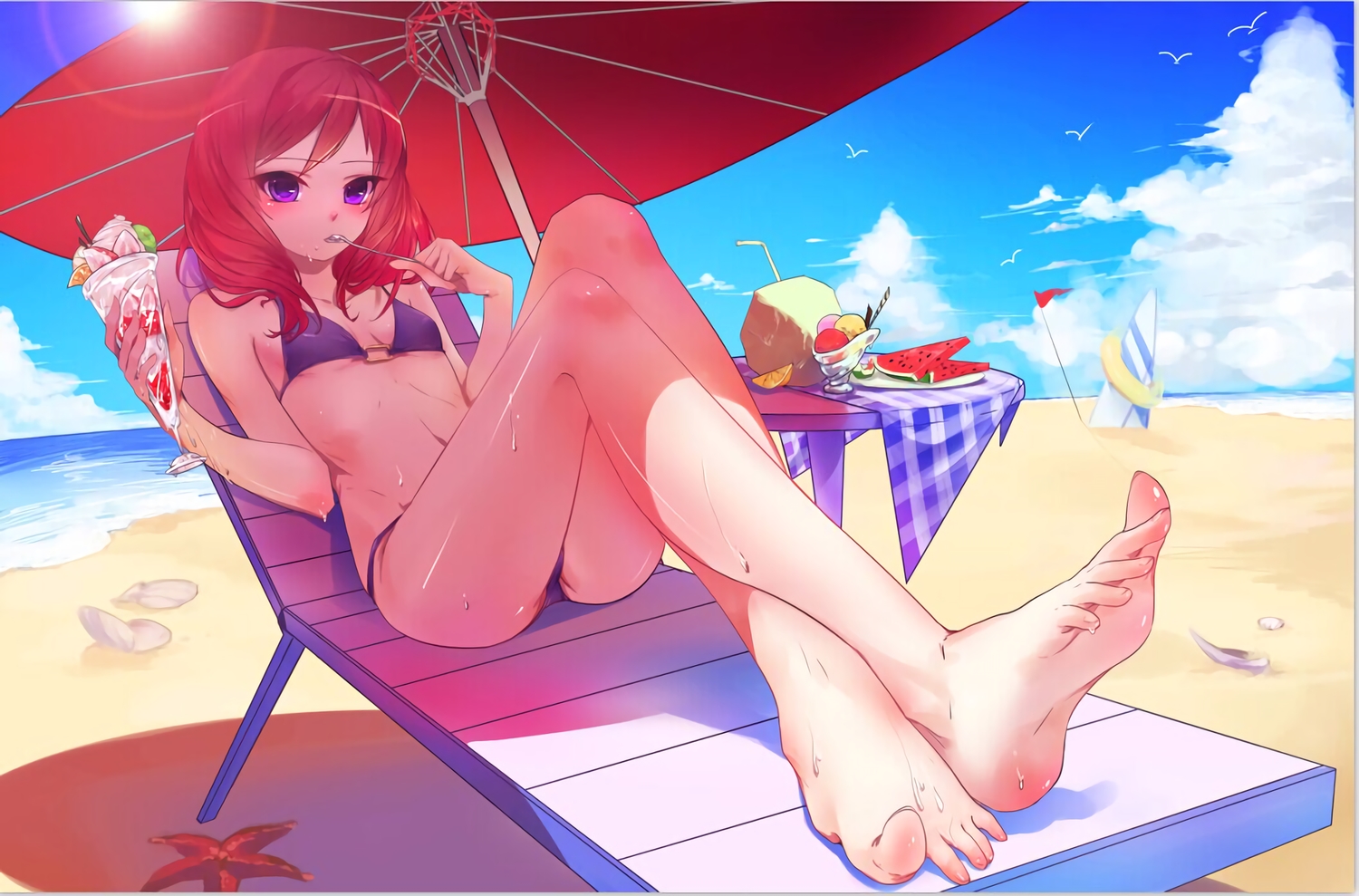 airrabbityan, animal, barefoot, beach, bikini, bird, blush, clouds, food, fruit, ice_cream, love_live!_school_idol_project, nishikino_maki, purple_eyes, red_hair, short_hair, sky, swimsuit, umbrella, waifu2x, watermelon