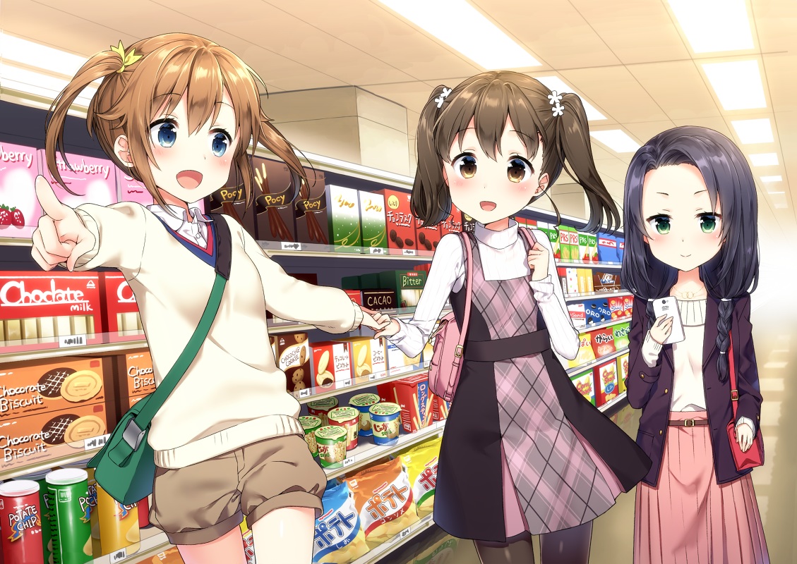 aliasing, black_hair, blue_eyes, braids, brown_eyes, brown_hair, dress, food