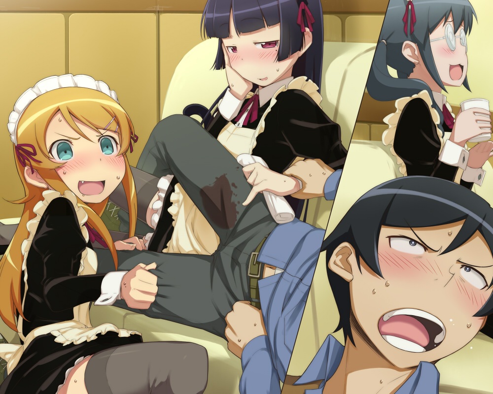 animal_ears, aqua_eyes, black_hair, blonde_hair, blush, cropped, dress, drink