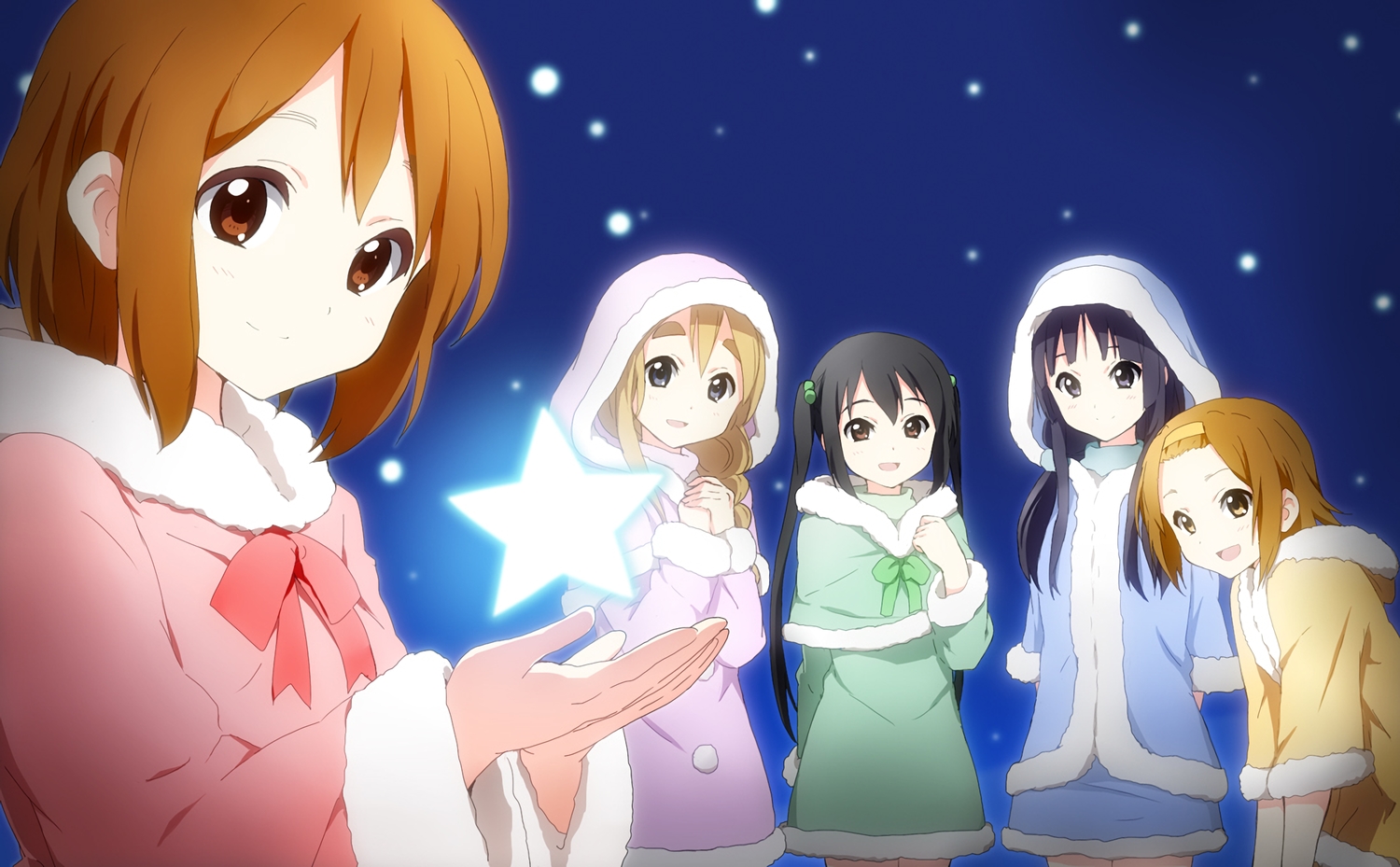 akiyama_mio, black_hair, blonde_hair, brown_eyes, brown_hair, cape, gray_eyes, group