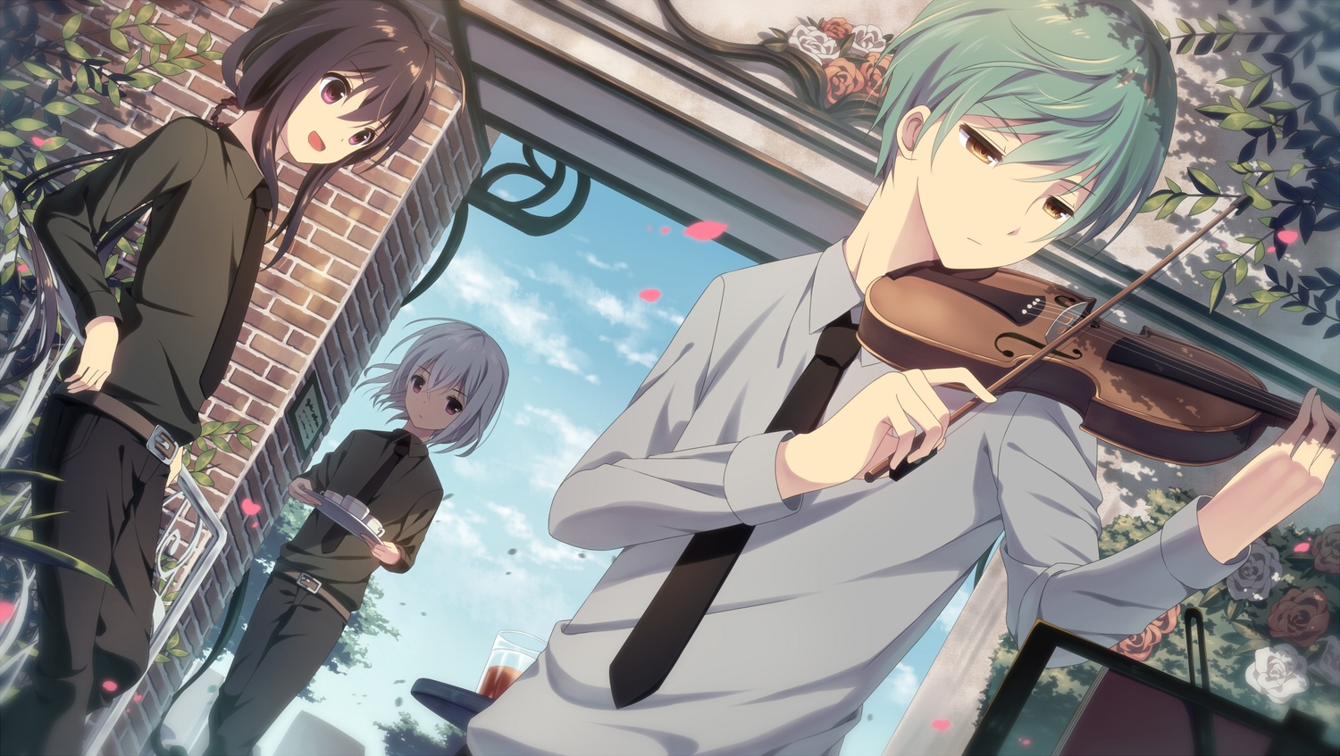 all_male, anthropomorphism, black_hair, brown_eyes, clouds, flowers, green_hair, honebami_toushirou
