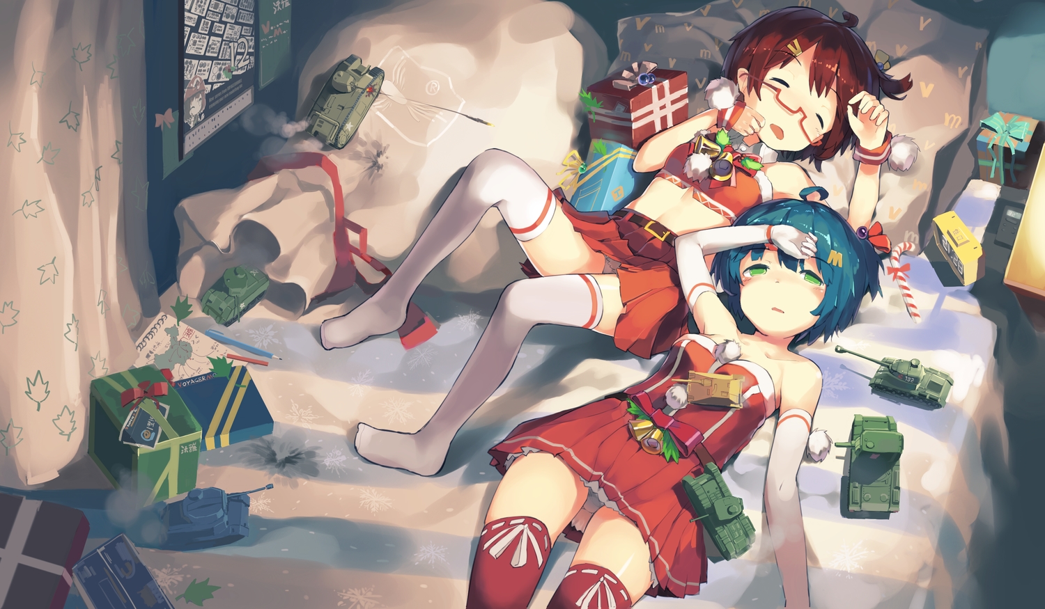2girls, bell, blue_hair, brown_hair, christmas, elbow_gloves, gloves, green_eyes