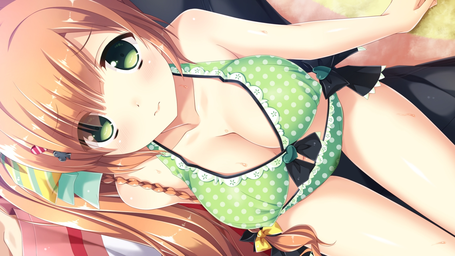 akagi_suzuna, bikini, blush, bow, braids, breasts, brown_hair, cleavage, game_cg, green_eyes, hulotte, ikegami_akane, kamidanomi_shisugite_ore_no_mirai_ga_yabai, long_hair, navel, no_bra, swimsuit, wet