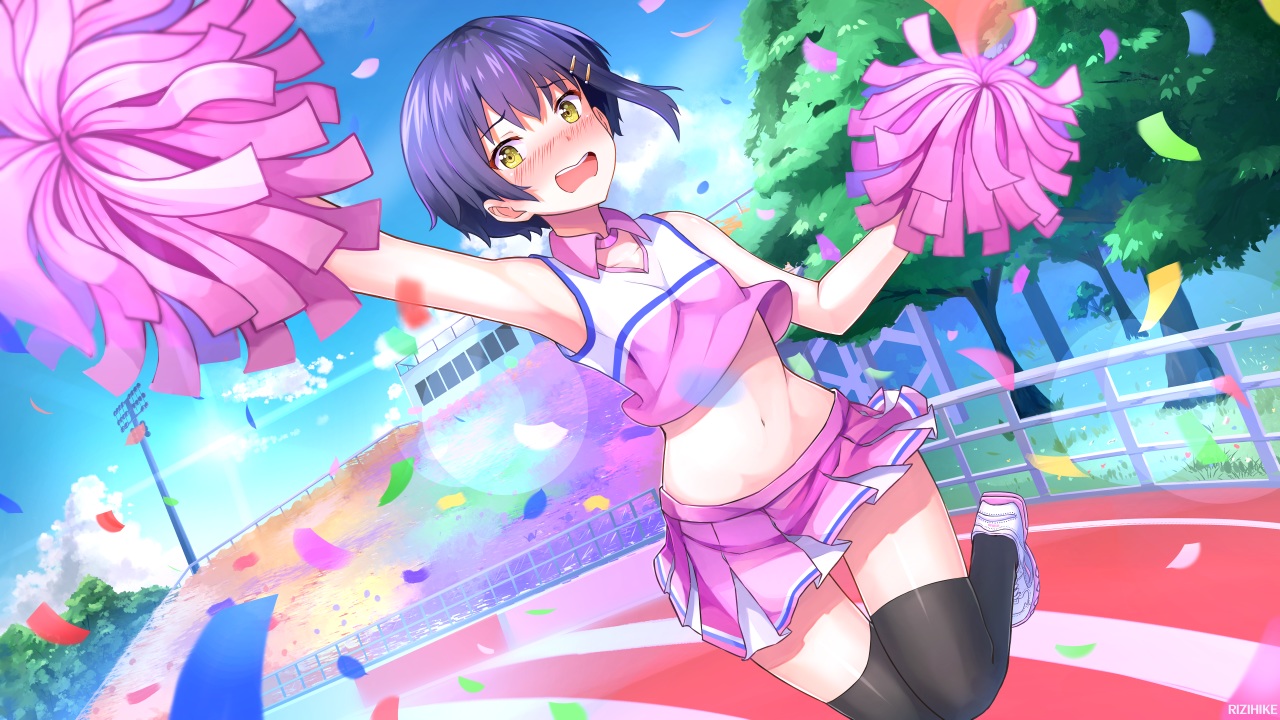 blue_hair, blush, cheerleader, clouds, navel, rizihike, short_hair, skirt