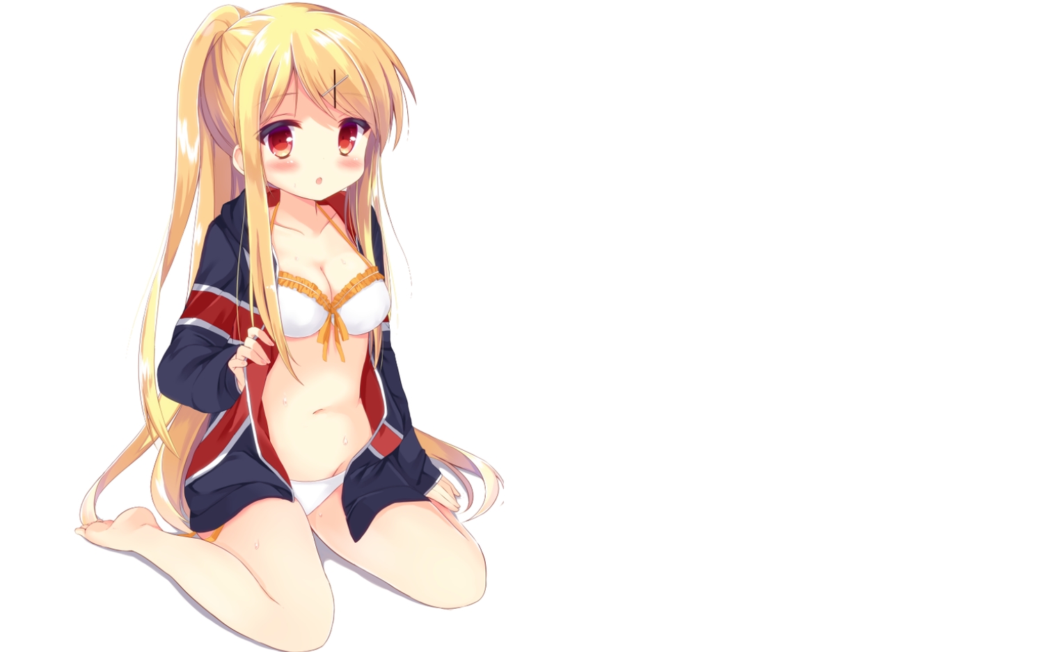 barefoot, bikini, blonde_hair, blush, breasts, kiniro_mosaic, kujou_danbo, kujou_karen, long_hair, navel, red_eyes, swimsuit, white