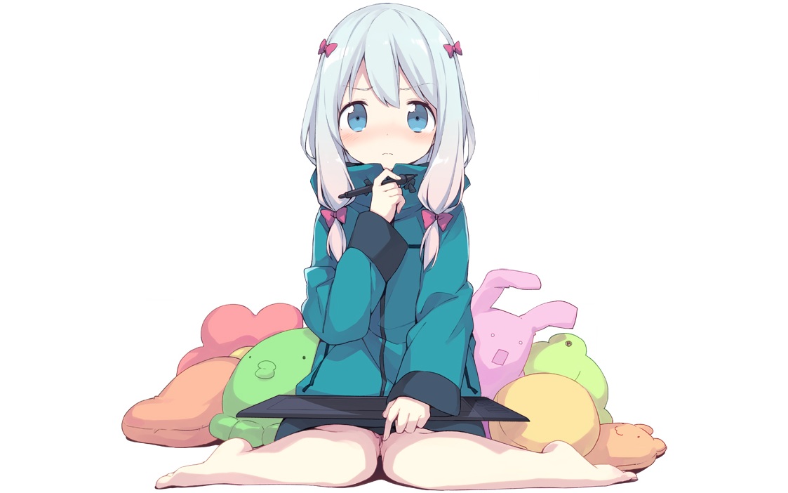 aqua_eyes, barefoot, blush, bow, eromanga-sensei, gray_hair, hood, izumi_sagiri, loli, long_hair, twintails, yuizaki_kazuya