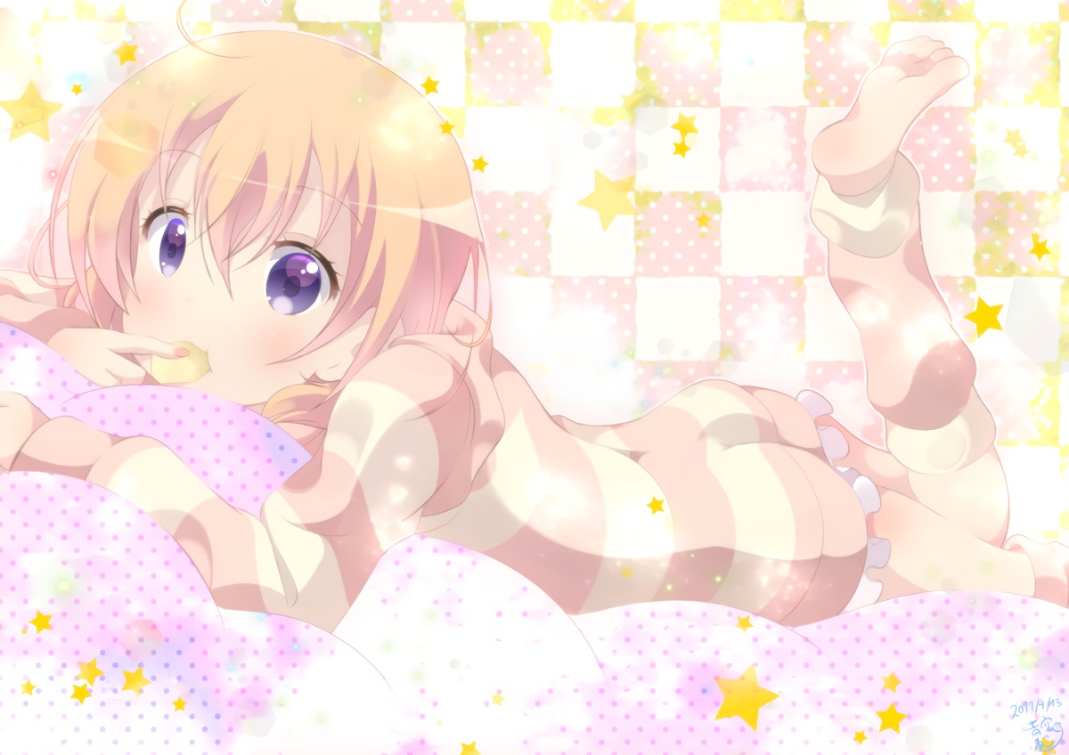 aosora_neko, barefoot, food, gochuumon_wa_usagi_desu_ka?, hoto_cocoa, short_hair, signed, stars