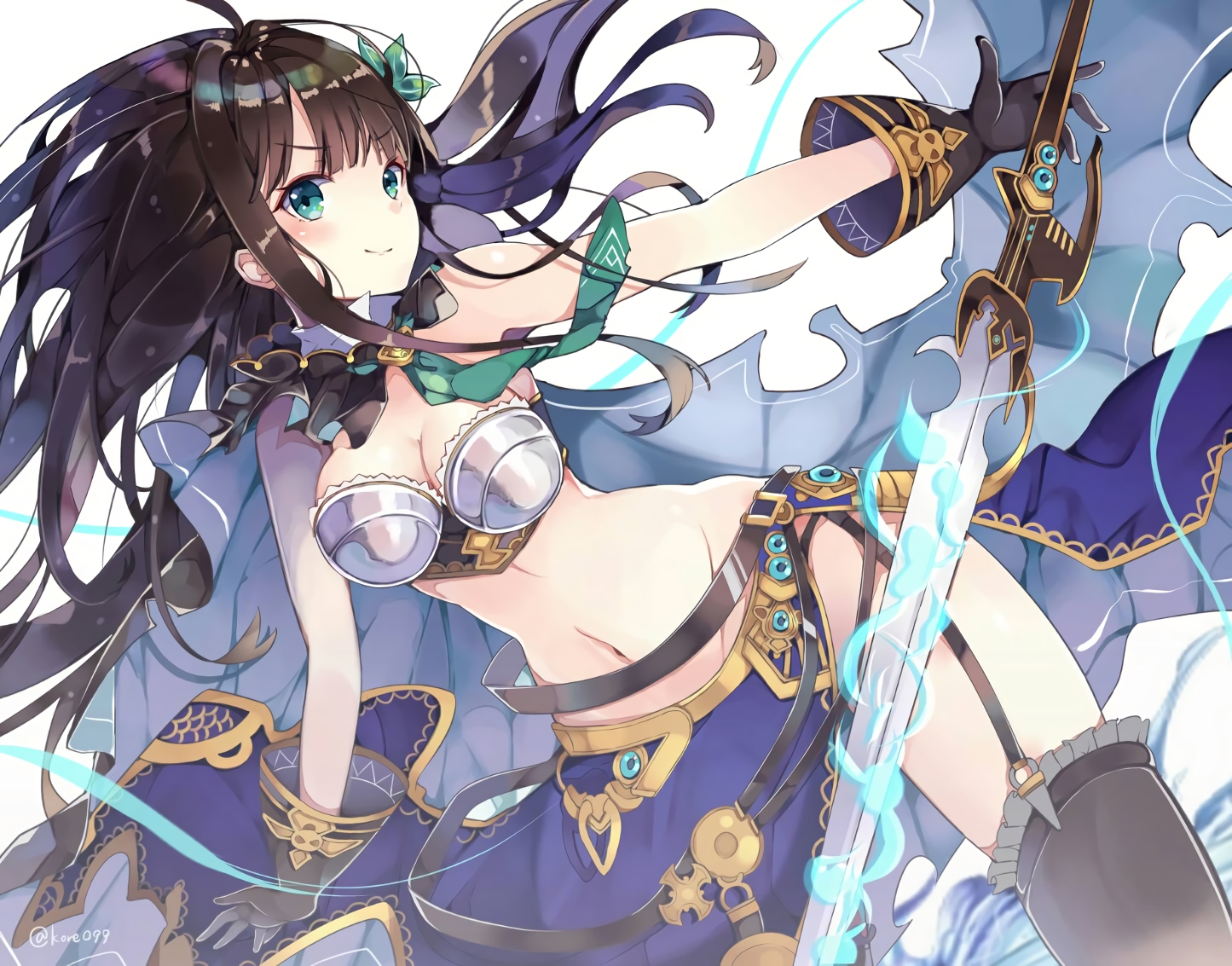 black_hair, breasts, garter_belt, gloves, green_eyes, idolmaster, idolmaster_cinderella_girls, kyou_hotaru, long_hair, navel, shibuya_rin, signed, sword, weapon