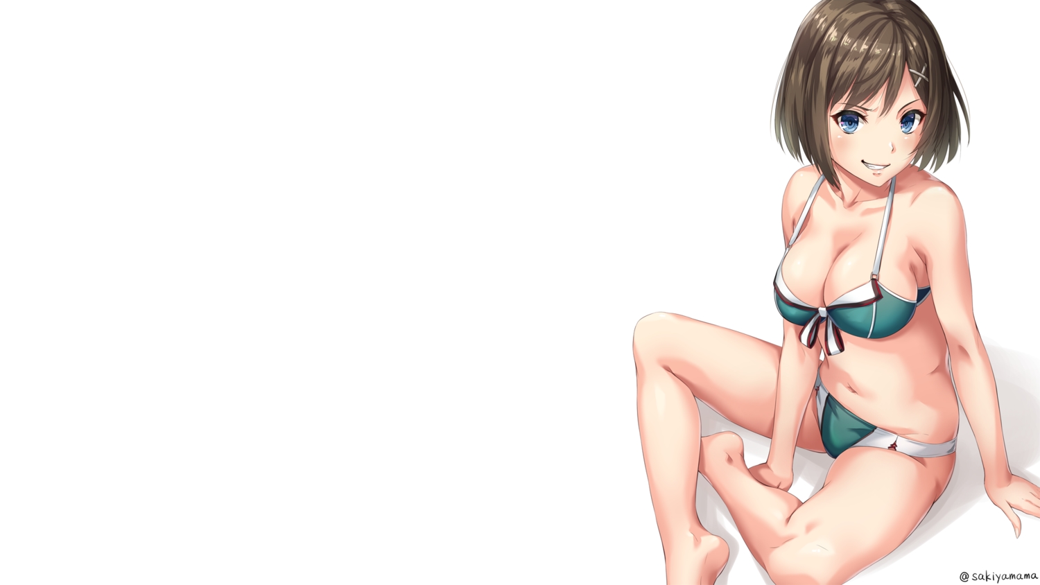 anthropomorphism, bikini, blue_eyes, bow, breasts, brown_hair, kantai_collection, maya_(kancolle), navel, sakiyamama, short_hair, signed, skintight, swimsuit, third-party_edit, white