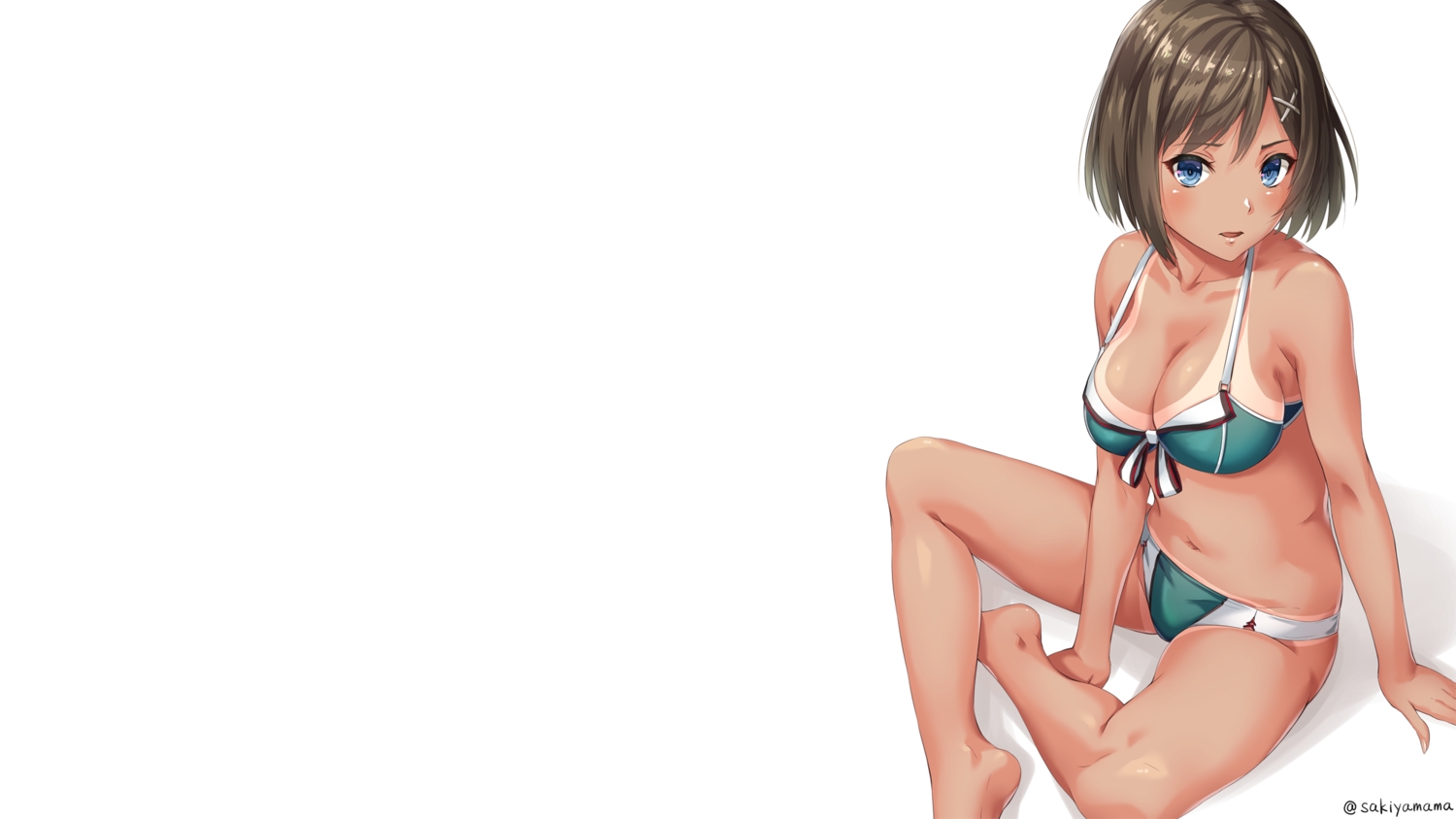 anthropomorphism, bikini, blue_eyes, bow, breasts, brown_hair, kantai_collection, maya_(kancolle)