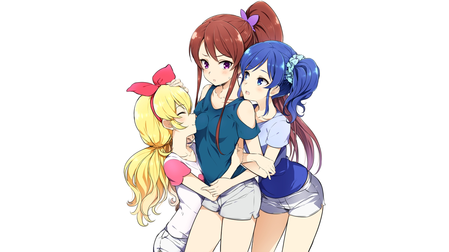 aikatsu!, blonde_hair, blue_eyes, blue_hair, blush, bow, breasts, brown_hair