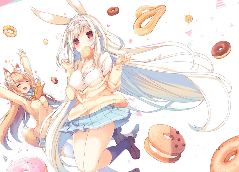 2girls, animal_ears, blonde_hair, breasts, cleavage, cynthia_riddle, food, foxgirl