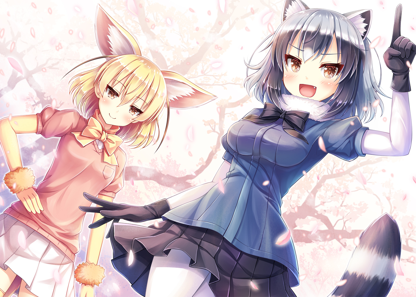 2girls, akashio_(loli_ace), animal_ears, anthropomorphism, blonde_hair, blush, bow, breasts, brown_eyes, cherry_blossoms, common_raccoon_(kemono_friends), fang, fennec_(kemono_friends), flowers, foxgirl, gloves, kemono_friends, pantyhose, petals, short_hair, skirt, tail, tree