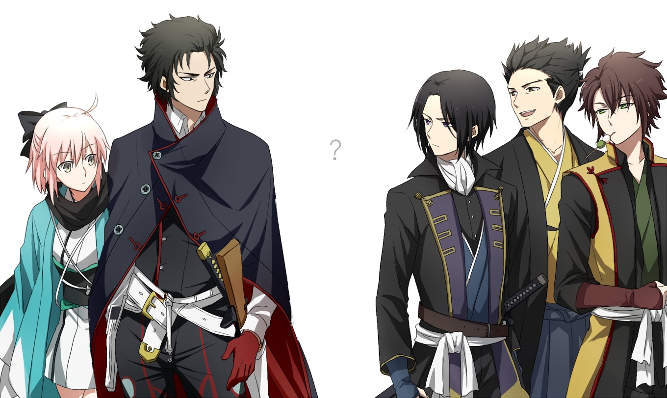 black_eyes, black_hair, blonde_hair, brown_eyes, brown_hair, crossover, fate/grand_order, fate_(series), green_eyes, group, gun, hakuouki_shinsengumi_kitan, hijikata_toshizou, hijikata_toshizou_(fate), japanese_clothes, katana, kondou_isami, male, military, okita_souji, okita_souji_(fate), scarf, short_hair, sword, tagme_(artist), uniform, weapon, yukata