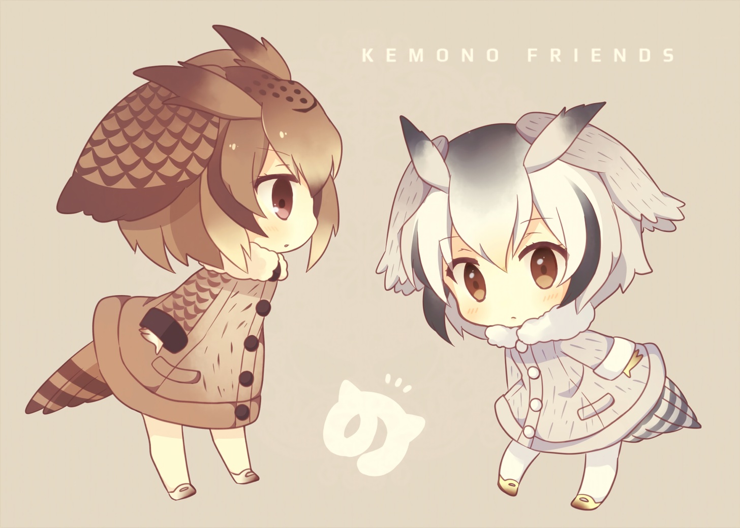 2girls, anthropomorphism, blush, brown_eyes, brown_hair, chibi, eurasian_eagle-owl_(kemono_friends), gray_hair