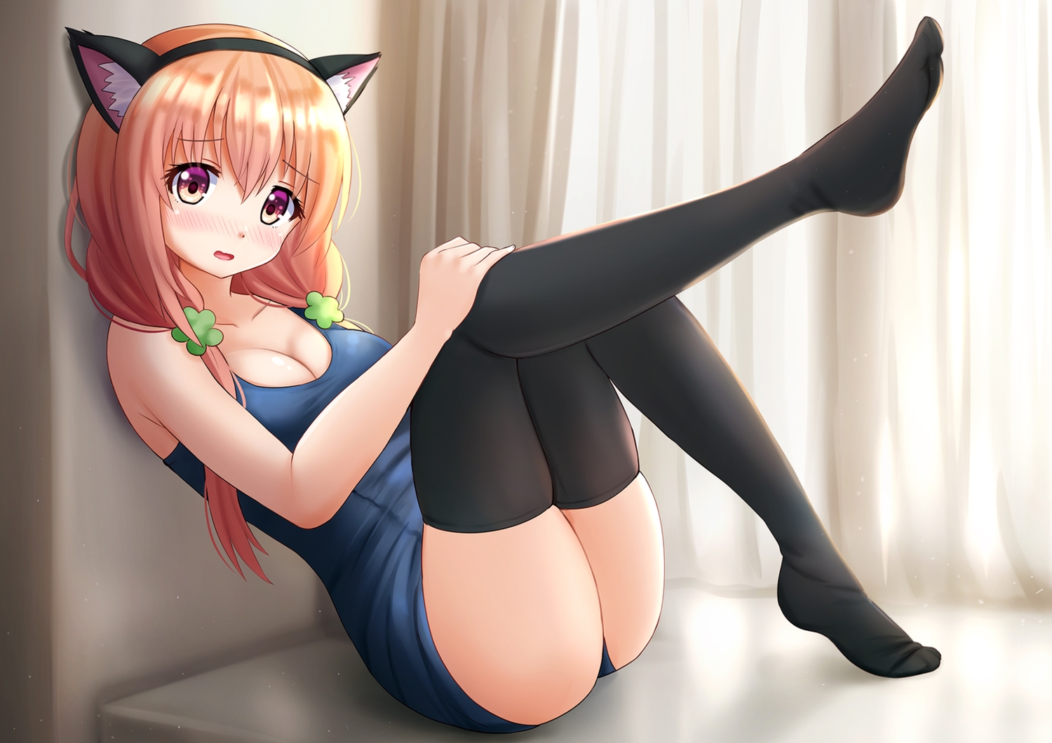 animal_ears, blush, breasts, cleavage, headband, hinako_note, kazenokaze, sakuragi_hinako, school_swimsuit, swimsuit, thighhighs