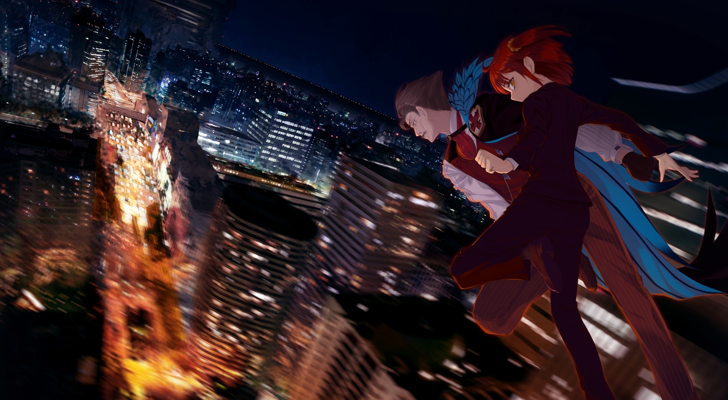 akai_ronii, brown_hair, building, city, fate/grand_order, fate_(series), fujimaru_ritsuka_(female), james_moriarty_(fate)