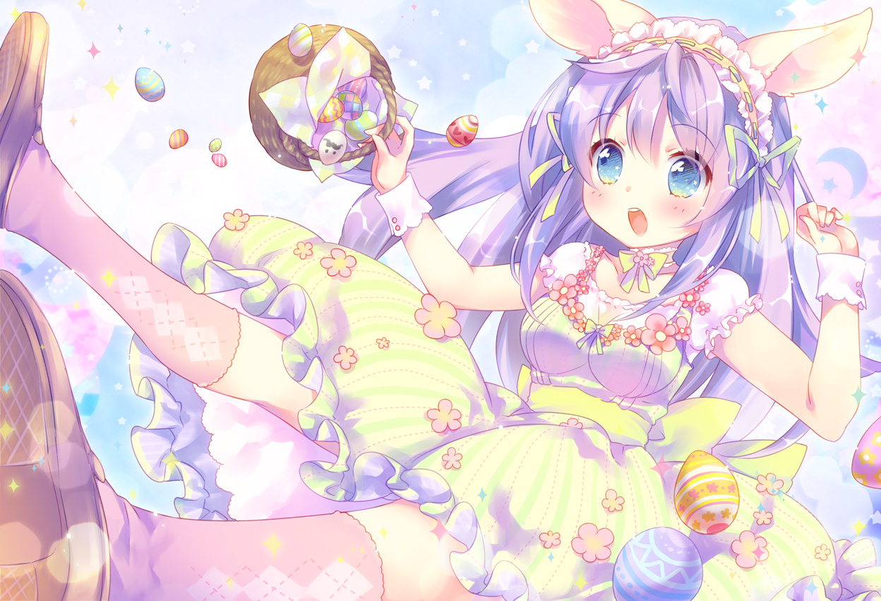 animal_ears, aqua_eyes, blush, bow, breasts, dress, ech, jpeg_artifacts