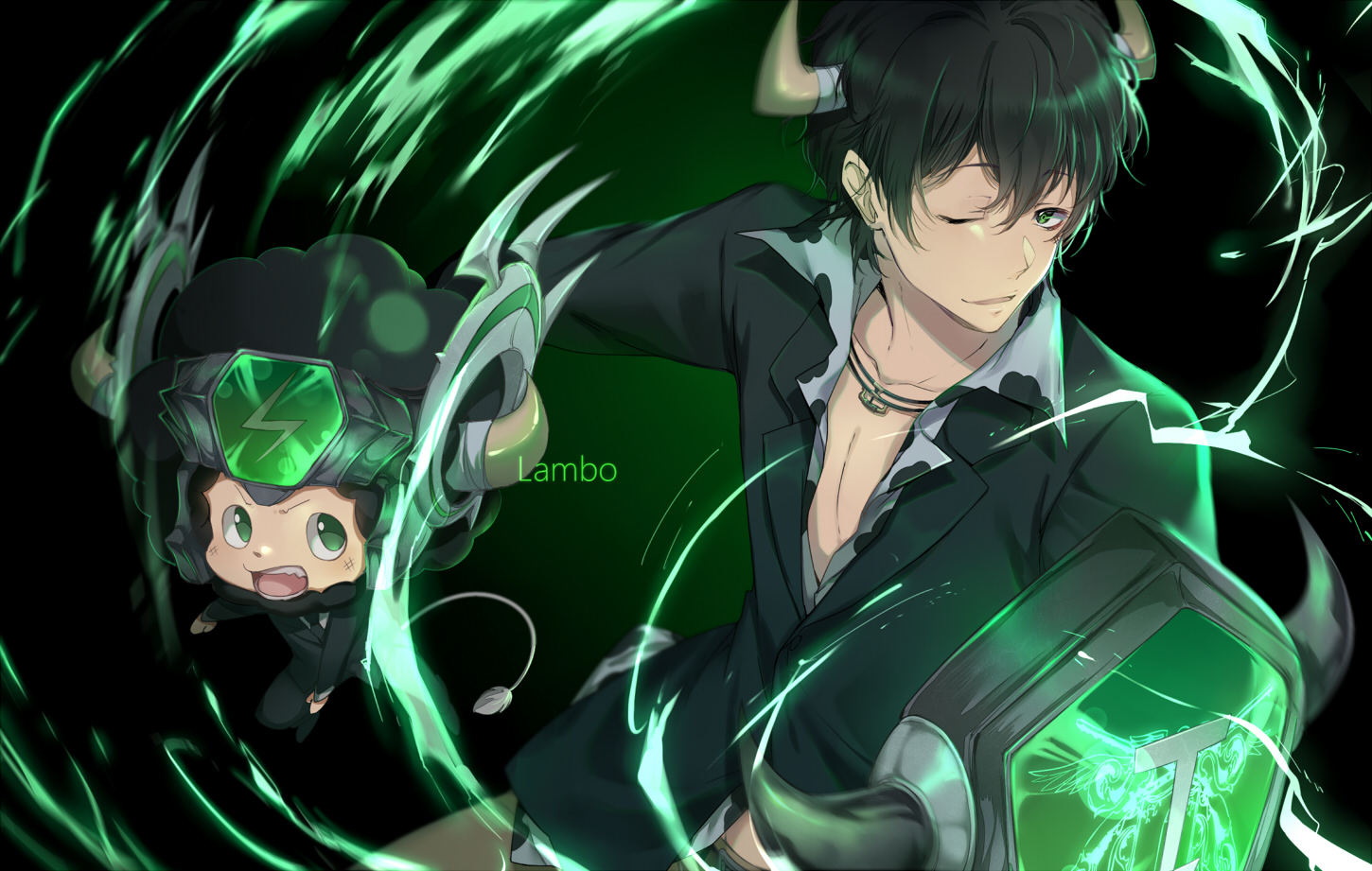 all_male, black_hair, ekira_nieto, green, green_eyes, horns, katekyou_hitman_reborn, lambo