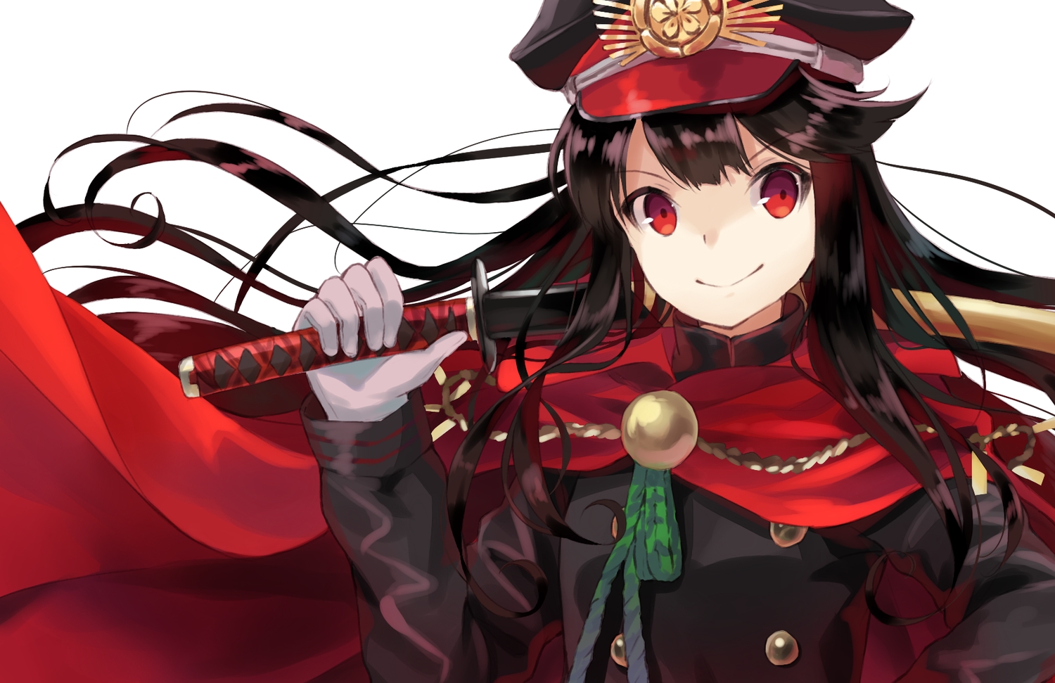 black_hair, cape, fate/grand_order, fate_(series), gloves, hat, headdress, katana