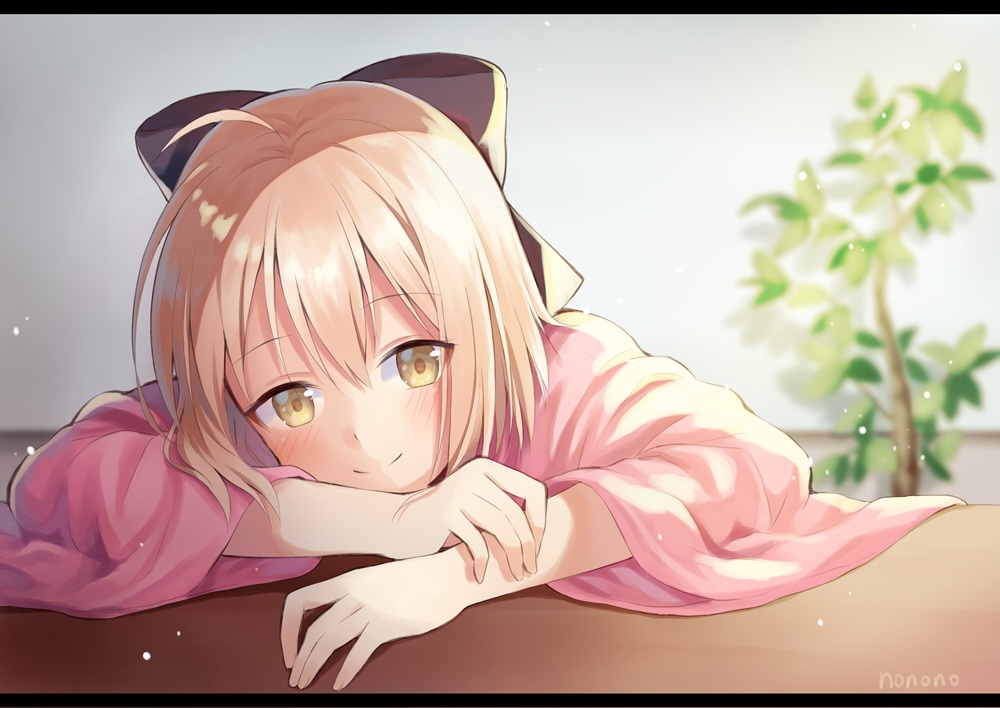 blonde_hair, blush, close, fate/grand_order, fate_(series), nonono_(nononotea), okita_souji_(fate), short_hair