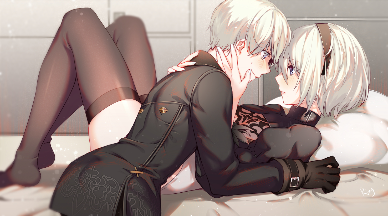 aki663, bed, blue_eyes, blush, bodysuit, breasts, cleavage, gloves, headband, male, nier, nier:_automata, short_hair, signed, thighhighs, white_hair, yorha_unit_no._2_type_b, yorha_unit_no._9_type_s