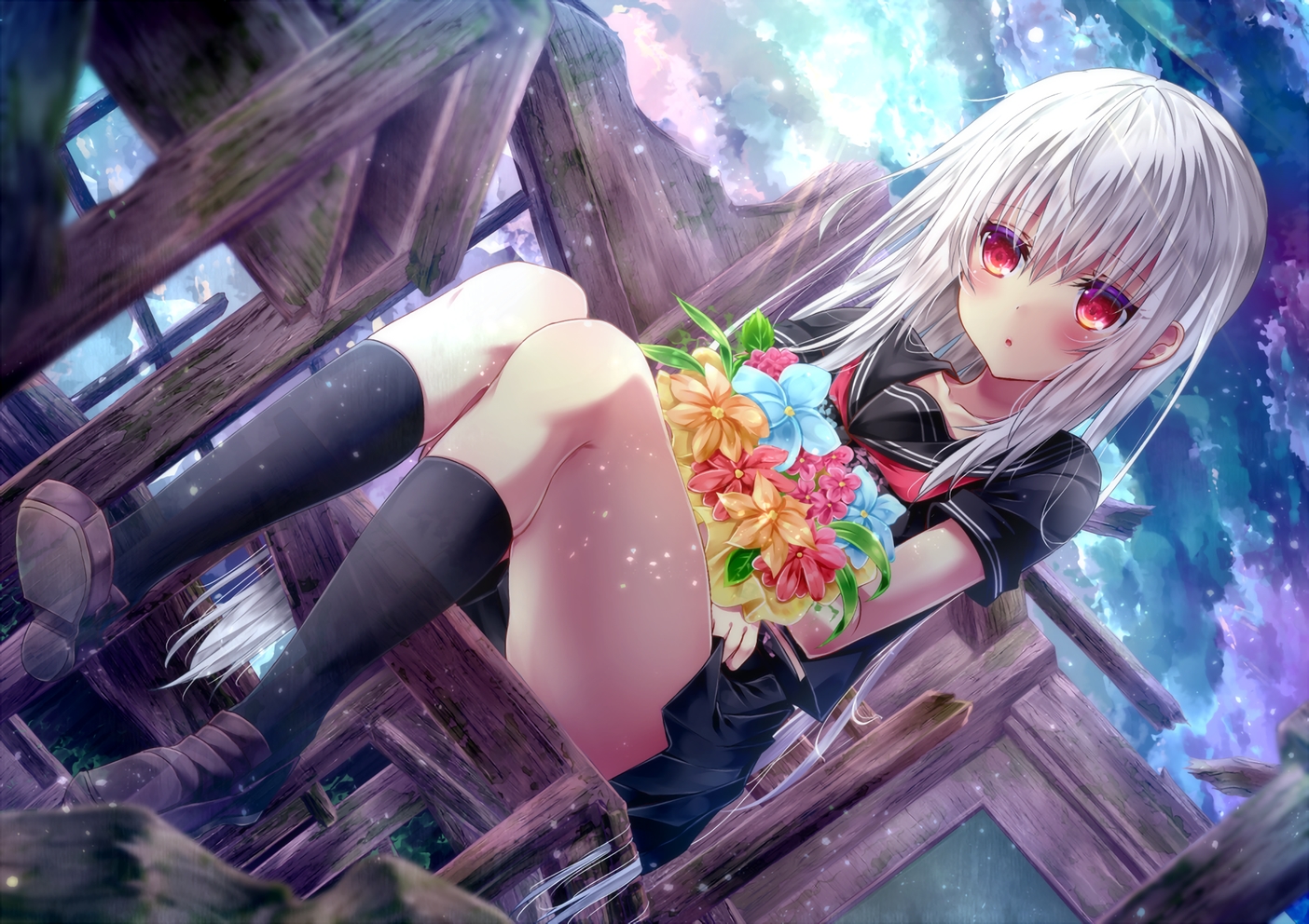 blush, clouds, flowers, kneehighs, long_hair, original, red_eyes, ruins, school_uniform, sky, tetsu_tissue, waifu2x, white_hair