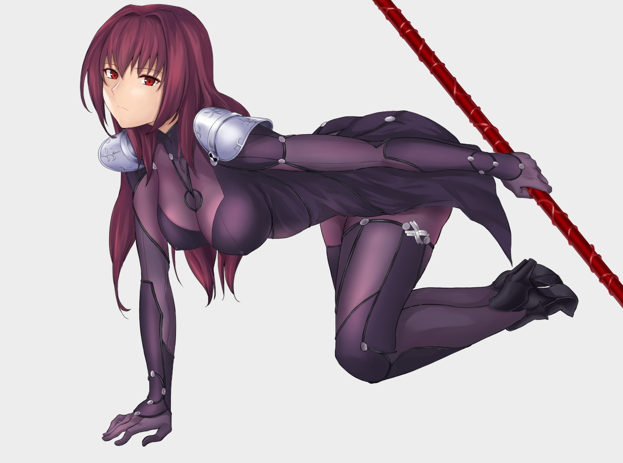 bodysuit, breasts, erect_nipples, fate/grand_order, fate_(series), long_hair, purple_hair, red_eyes, scathach_(fate/grand_order), skintight, spear, terry, weapon