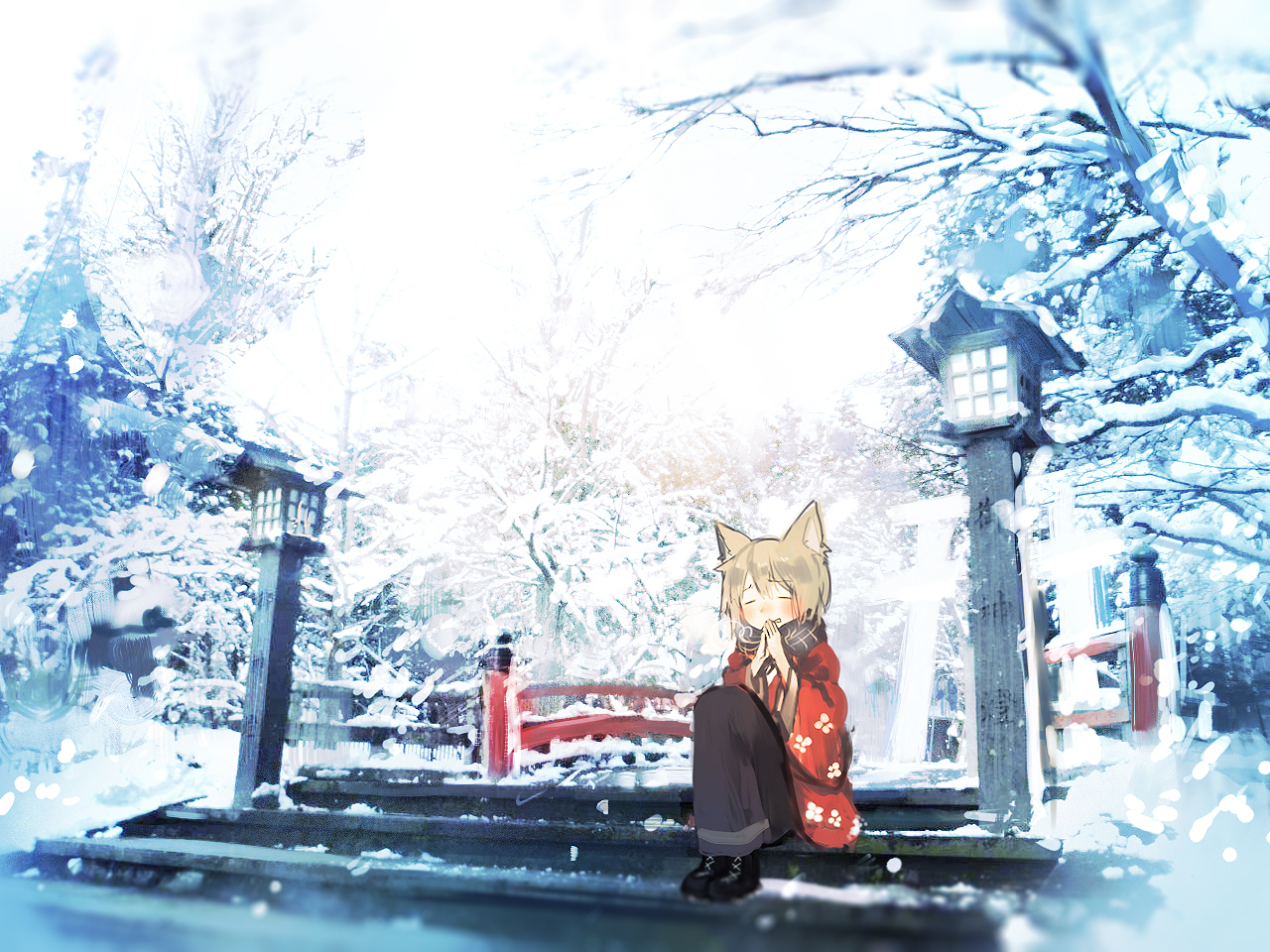 alt_(apou), animal_ears, brown_hair, original, scarf, short_hair, snow, stairs