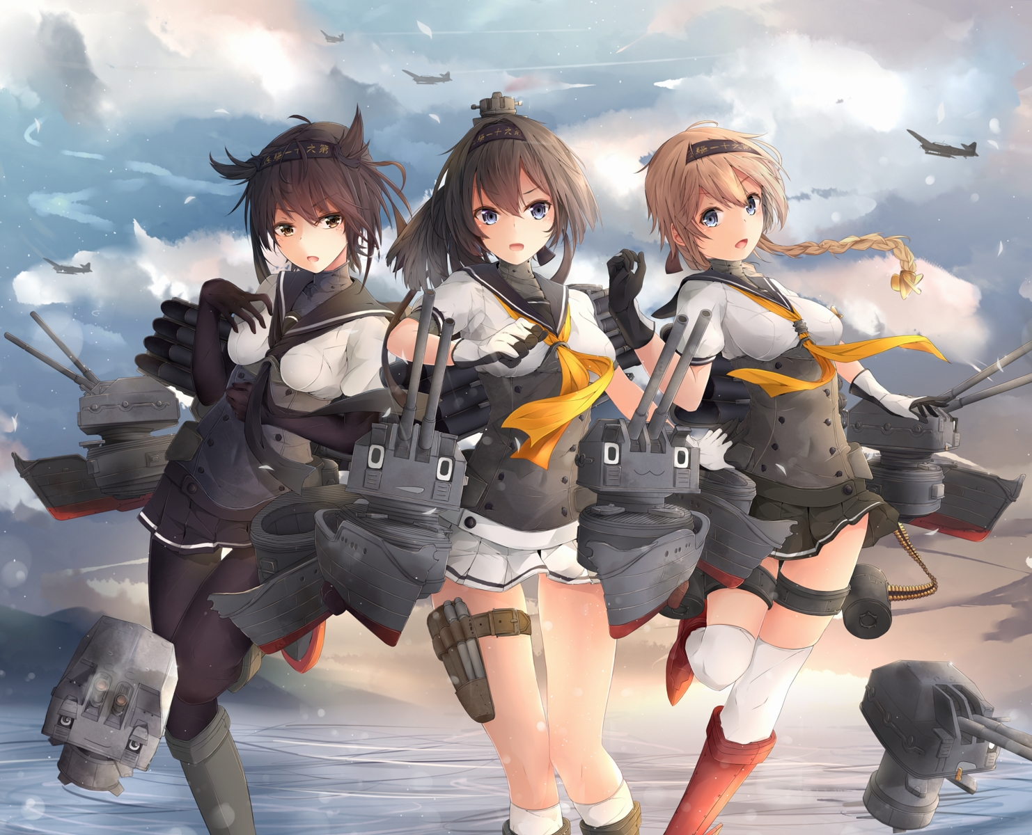 akizuki_(kancolle), animal, anthropomorphism, bird, boots, braids, breasts, brown_eyes, brown_hair, chou-10cm-hou-chan, clouds, elbow_gloves, gloves, hatsuzuki_(kancolle), headband, jenson_tw, kantai_collection, kneehighs, long_hair, pantyhose, school_uniform, skirt, sky, teruzuki_(kancolle), thighhighs, water