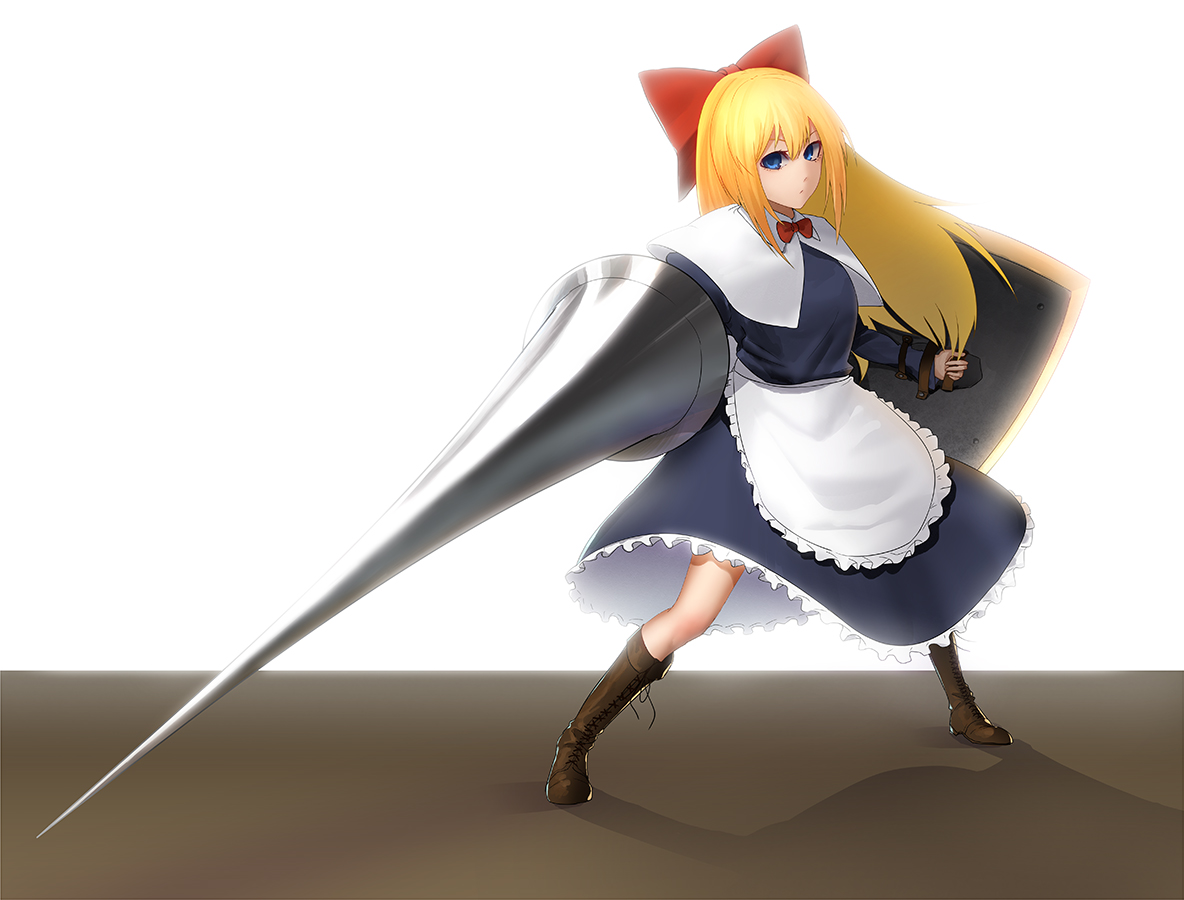 blonde_hair, blue_eyes, boots, bow, doll, long_hair, maid, minami_koyogi, shanghai_doll, touhou, weapon