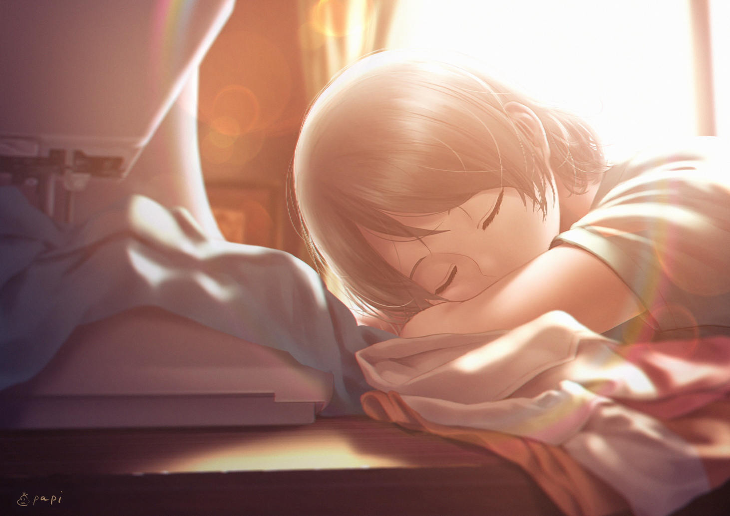 brown_hair, love_live!_school_idol_project, love_live!_sunshine!!, papi_(papiron100), short_hair, signed, sleeping, watanabe_you