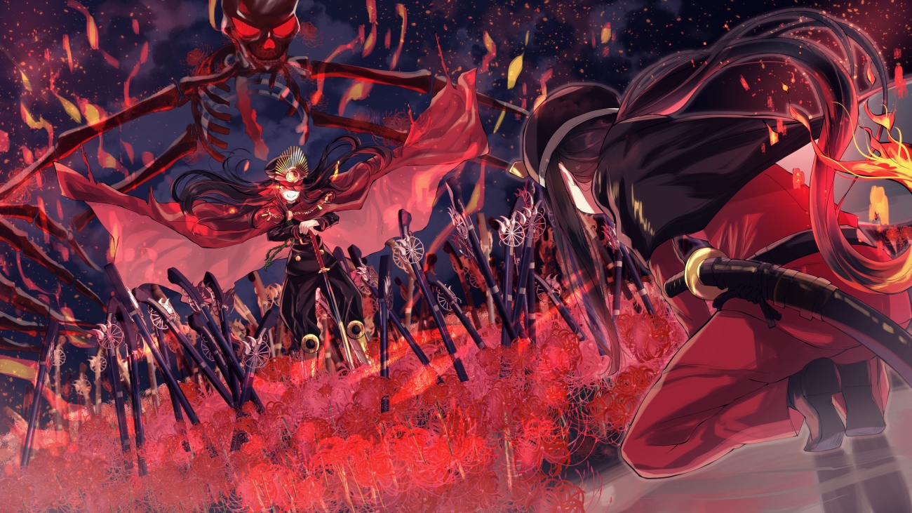 black_hair, boots, cape, fate/grand_order, fate_(series), fire, flowers, gun