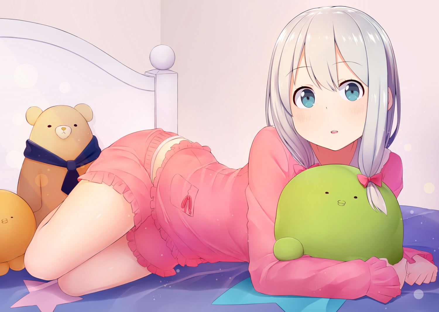 aqua_eyes, bed, blush, bow, eromanga-sensei, gray_hair, hoshimiya_aki, izumi_sagiri