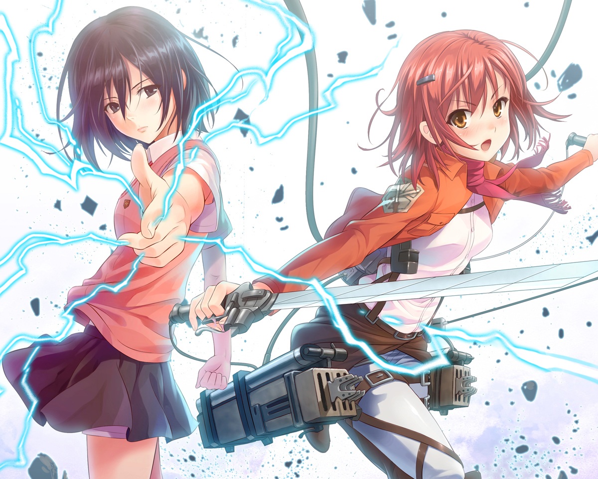 2girls, black_eyes, black_hair, blush, brown_eyes, cropped, crossover, mikasa_ackerman, misaka_mikoto, misakamitoko0903, red_hair, school_uniform, shingeki_no_kyojin, short_hair, skirt, sword, to_aru_kagaku_no_railgun, to_aru_majutsu_no_index, weapon