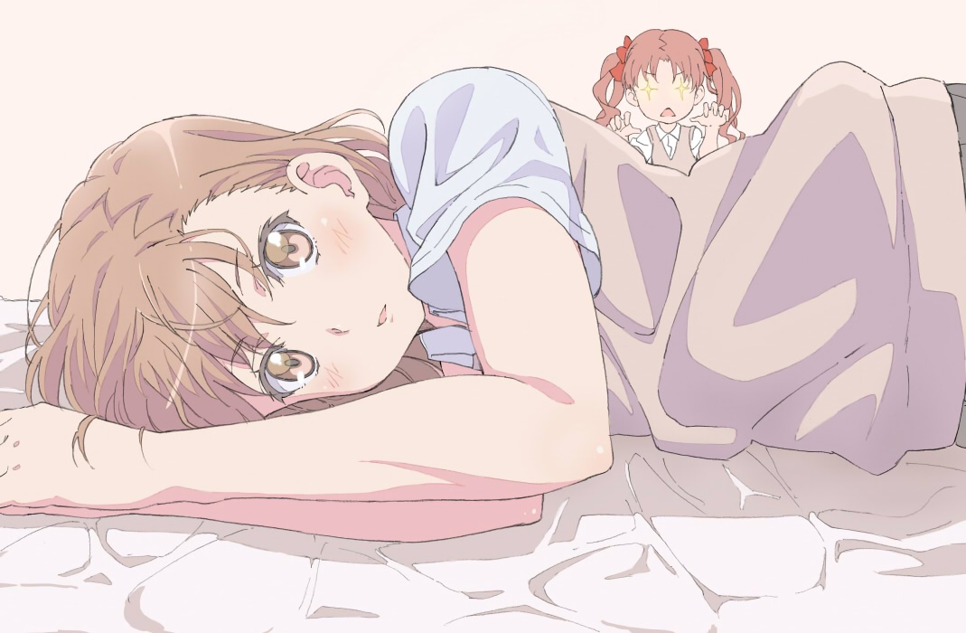 2girls, blush, brown_eyes, brown_hair, delf, long_hair, misaka_imouto, school_uniform
