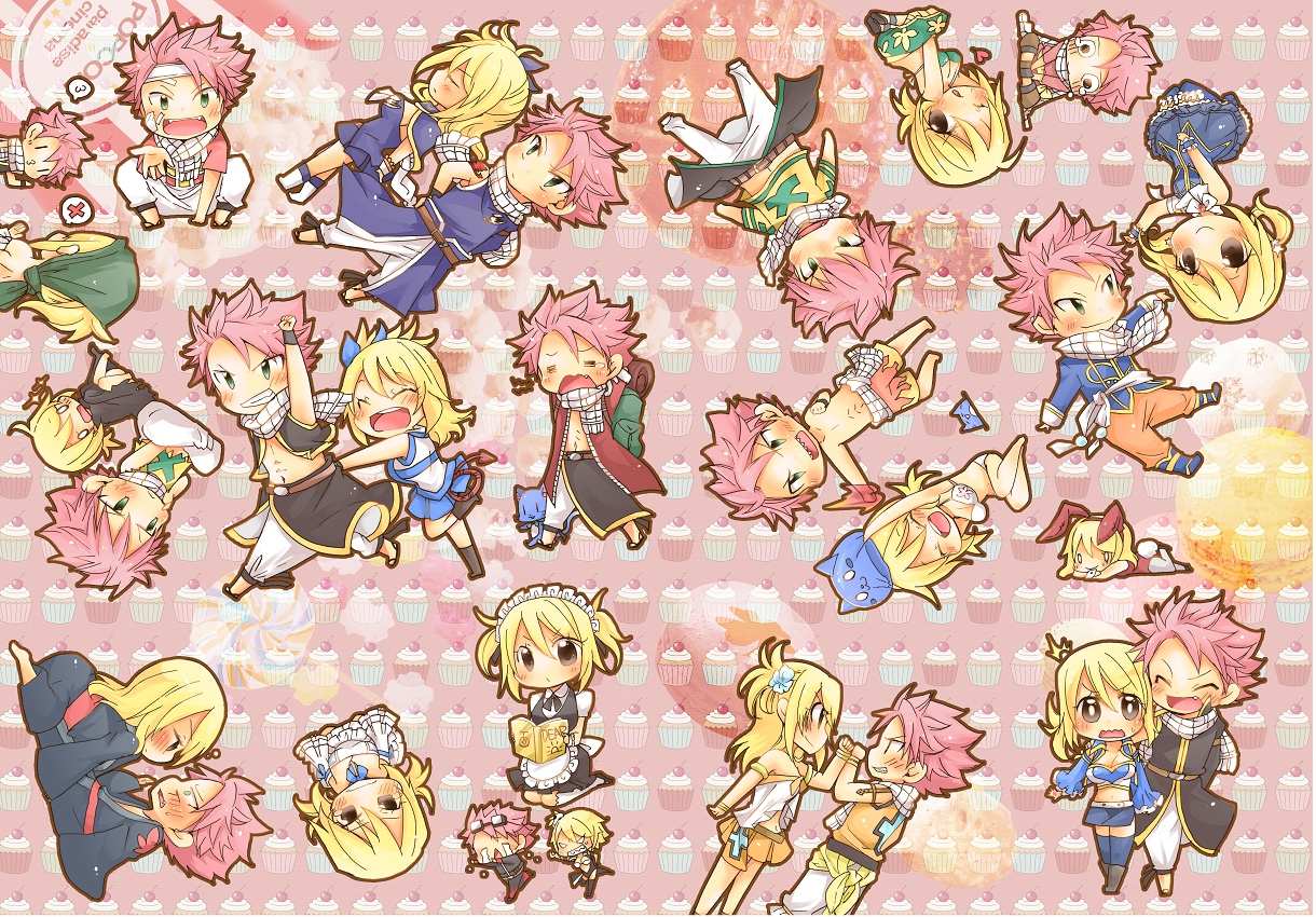 bikini, blonde_hair, blush, breasts, chibi, dress, fairy_tail, fang