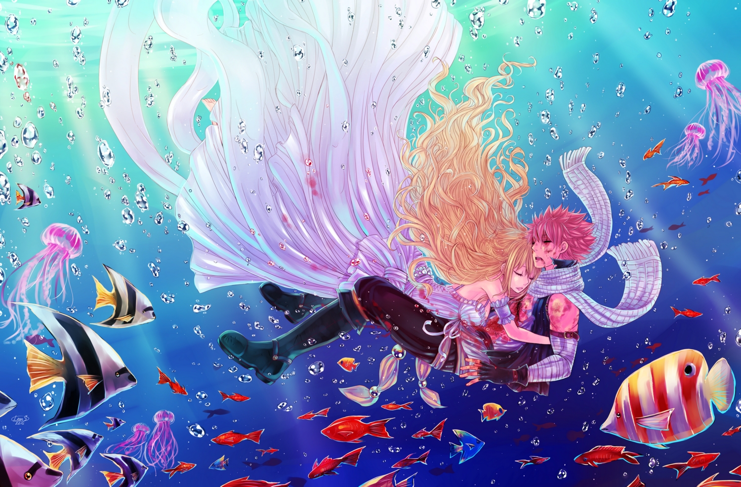 animal, bandage, blonde_hair, breasts, bubbles, dress, fairy_tail, fish